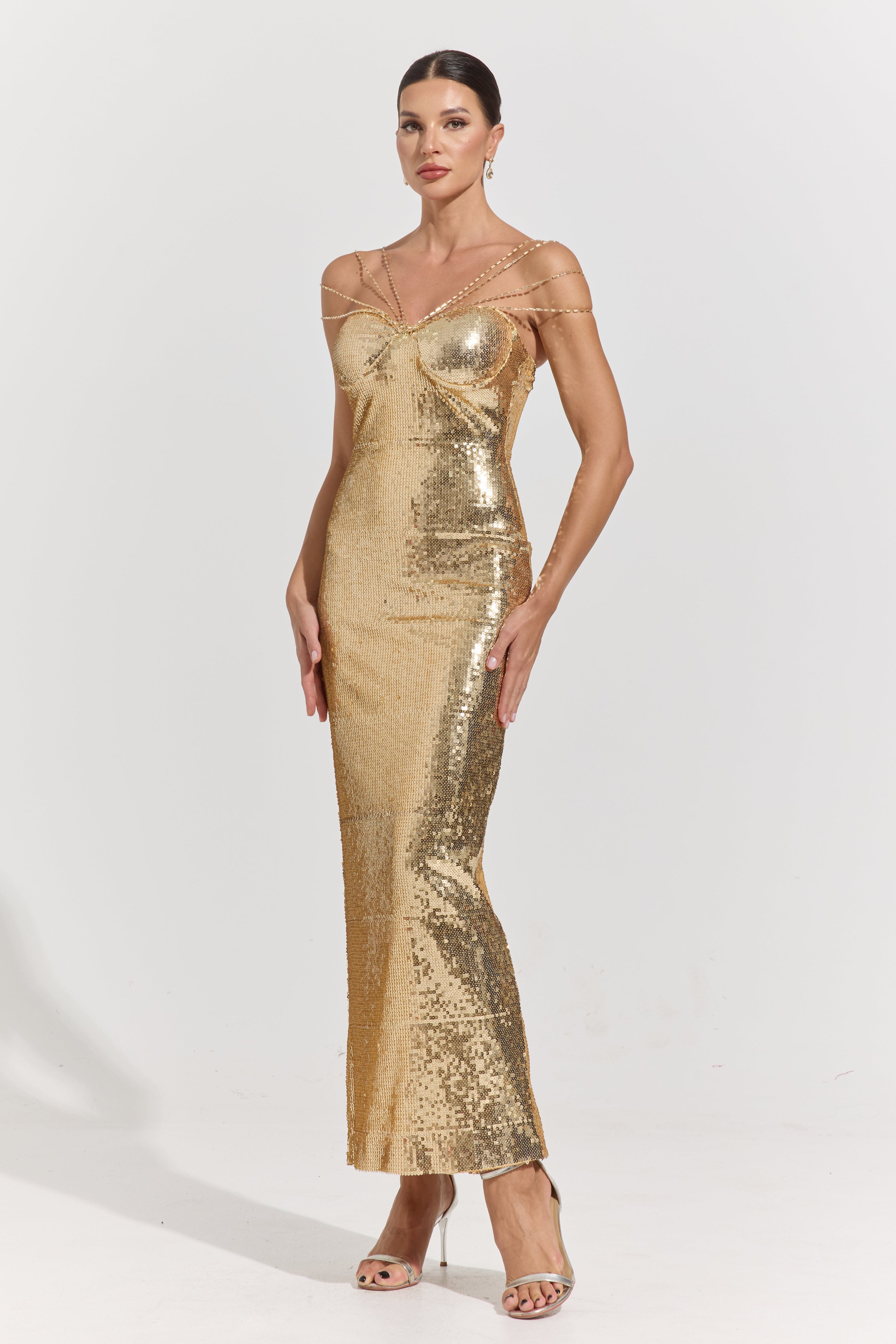 Clarimond Gold Chain-Detail Sequin Maxi Dress