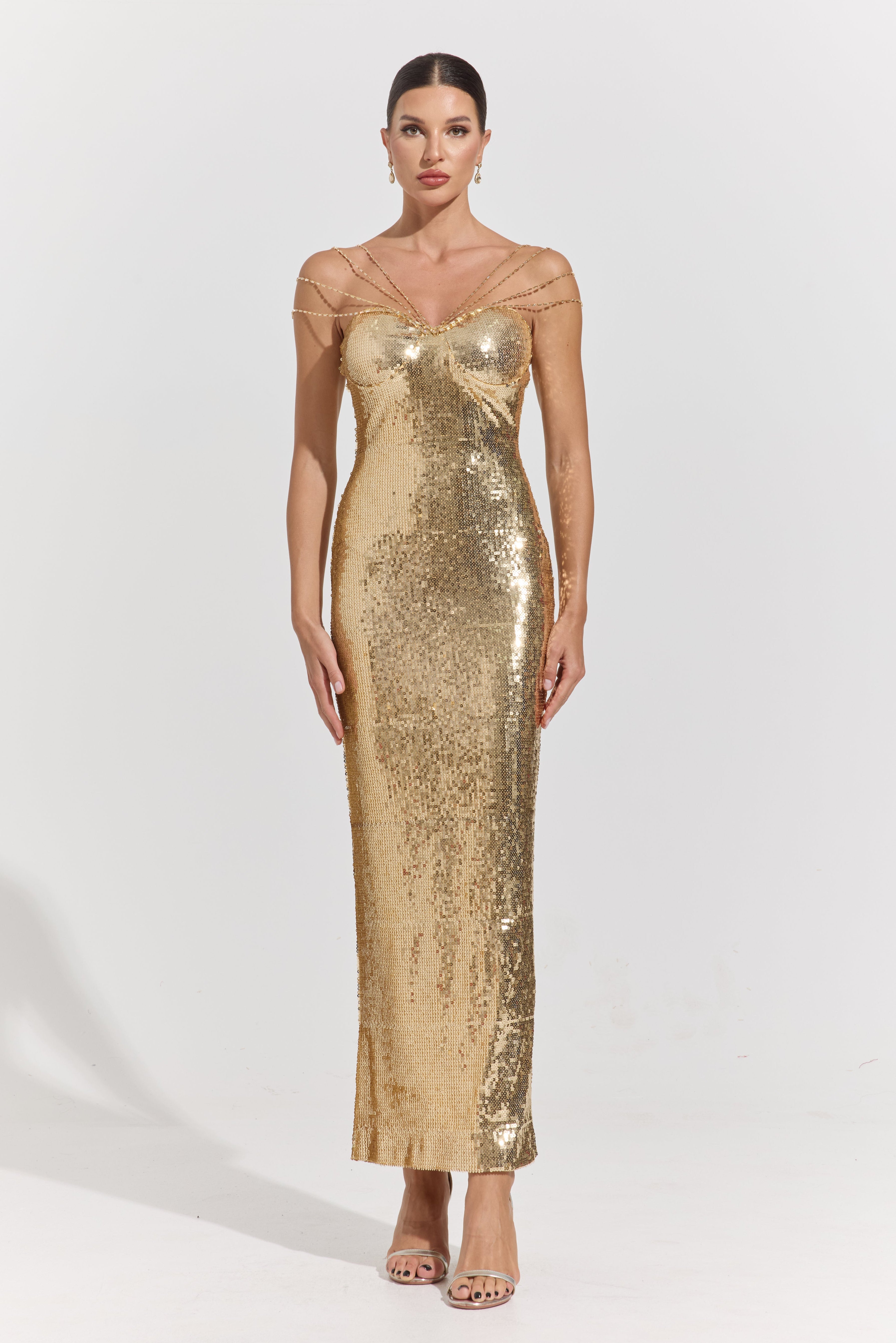 Clarimond Gold Chain-Detail Sequin Maxi Dress