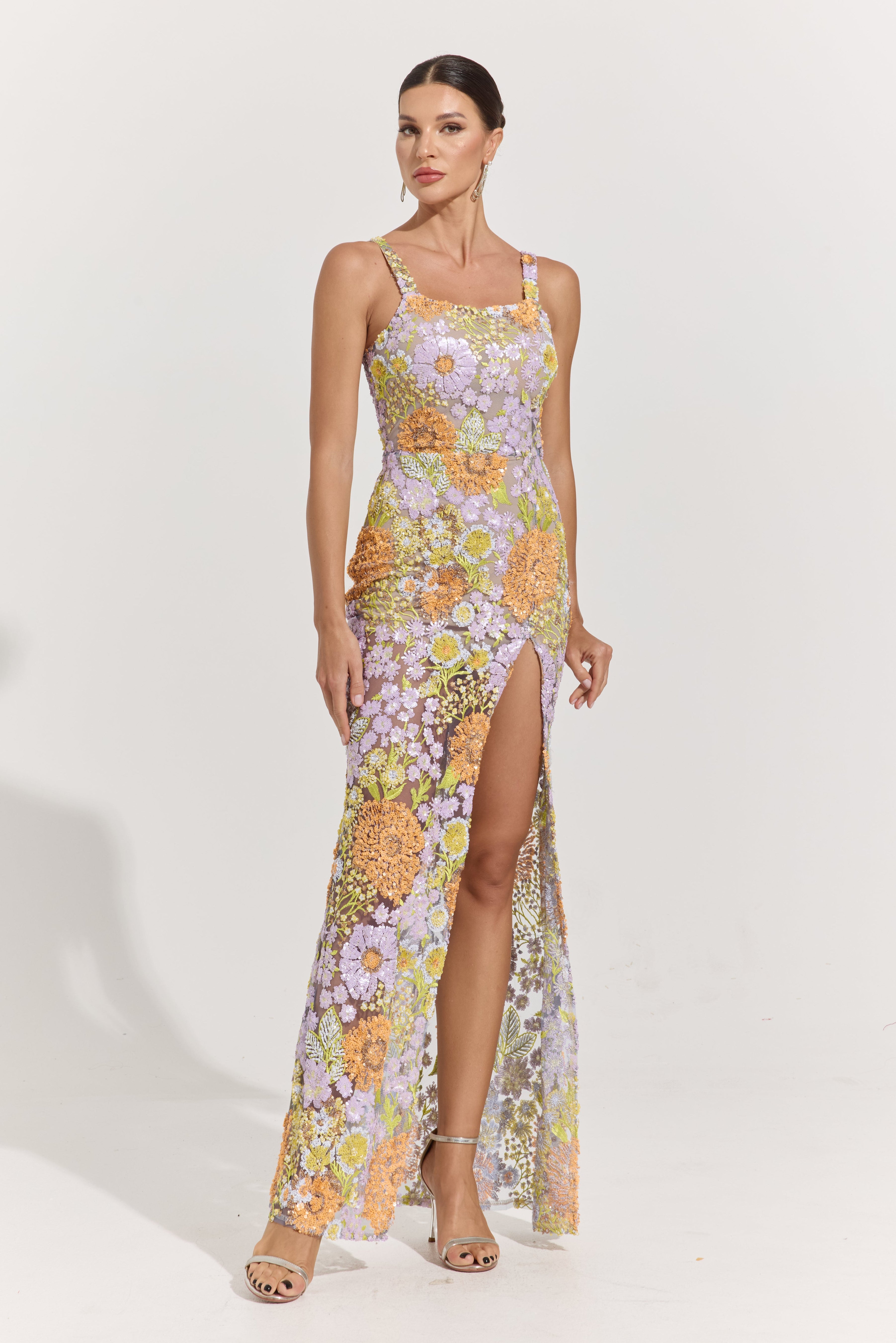 Blaire Sunset Garden Embroidered Slit Maxi Dress