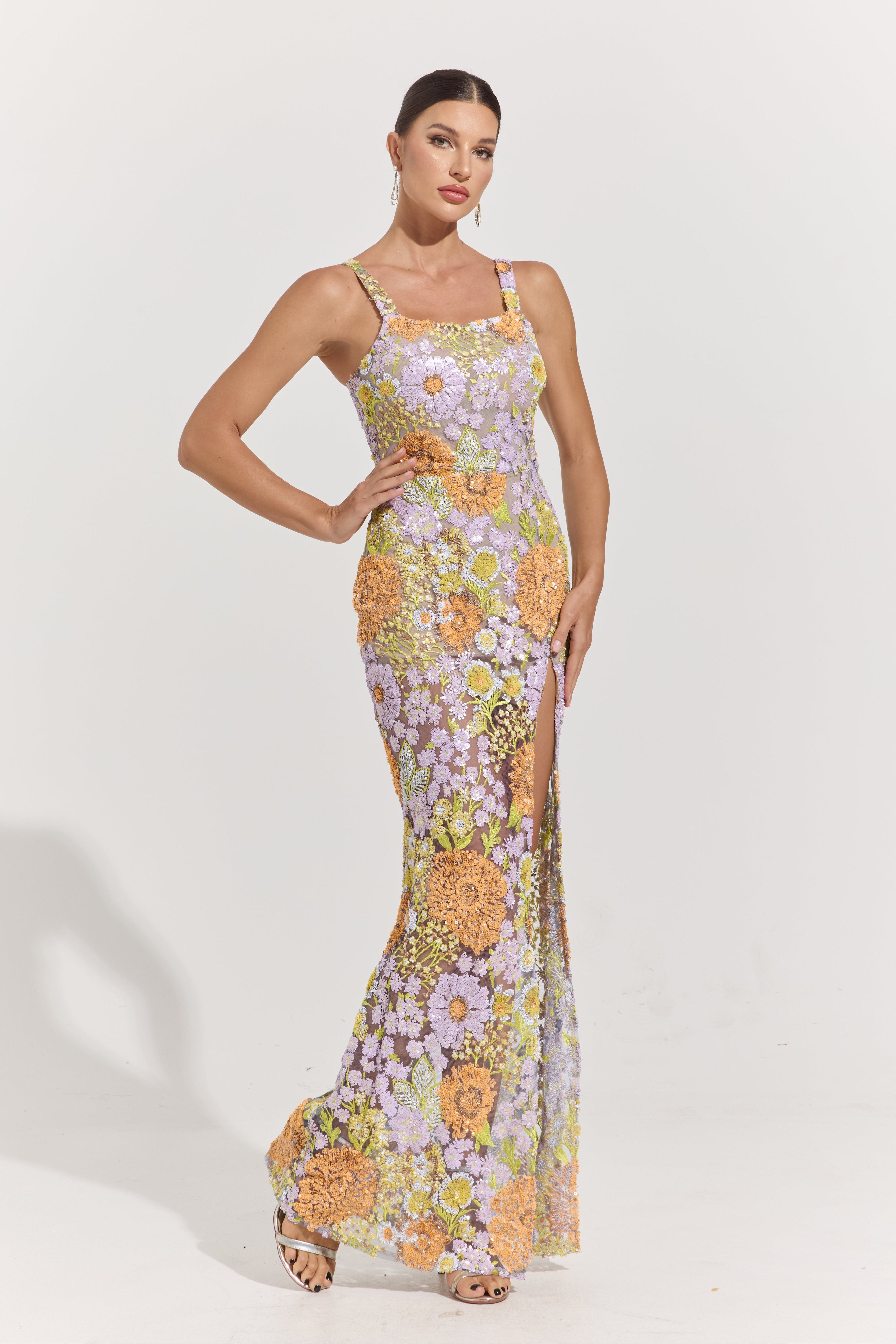 Blaire Sunset Garden Embroidered Slit Maxi Dress