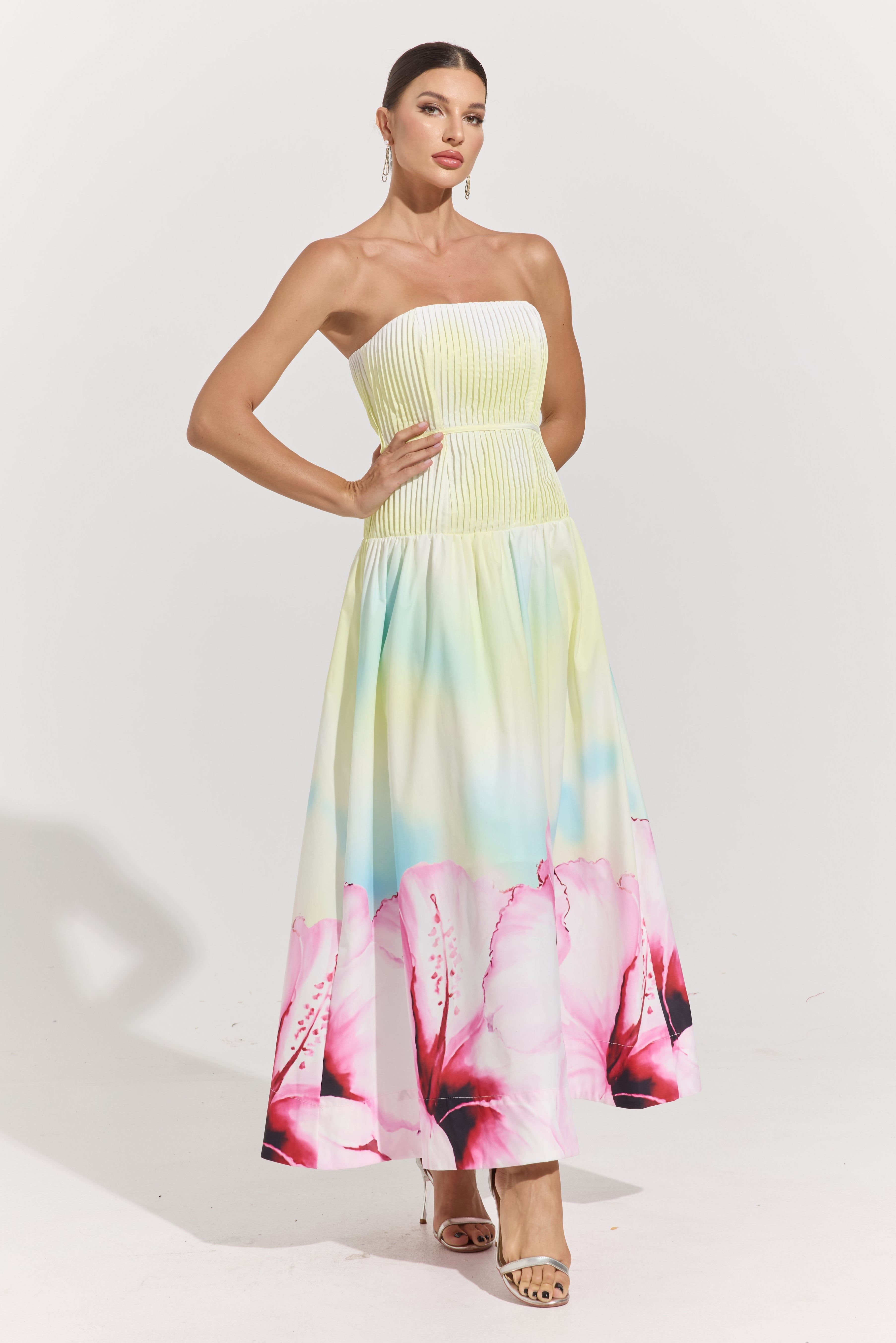Carly Bloom Strapless Pleated Maxi Dress