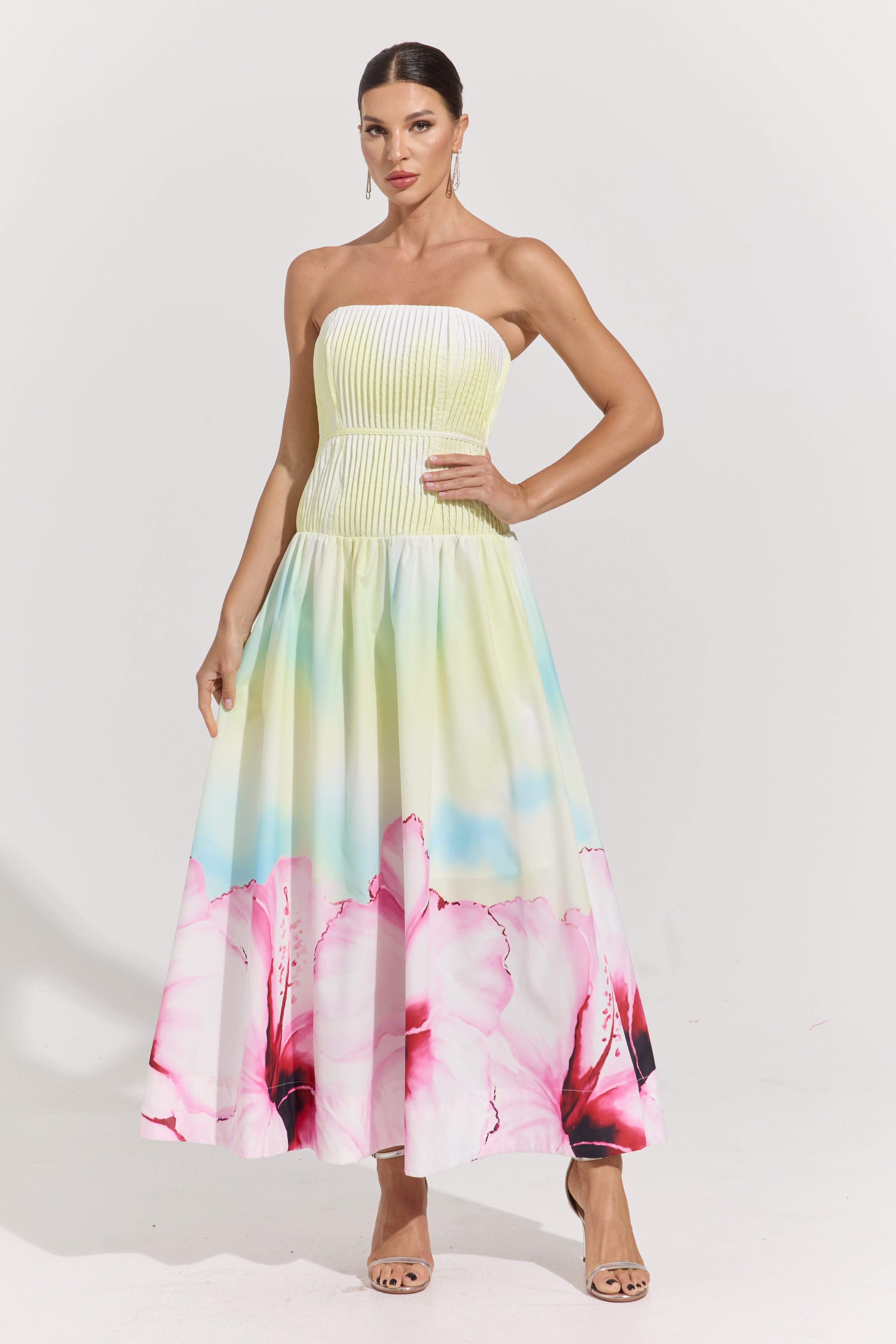 Carly Bloom Strapless Pleated Maxi Dress