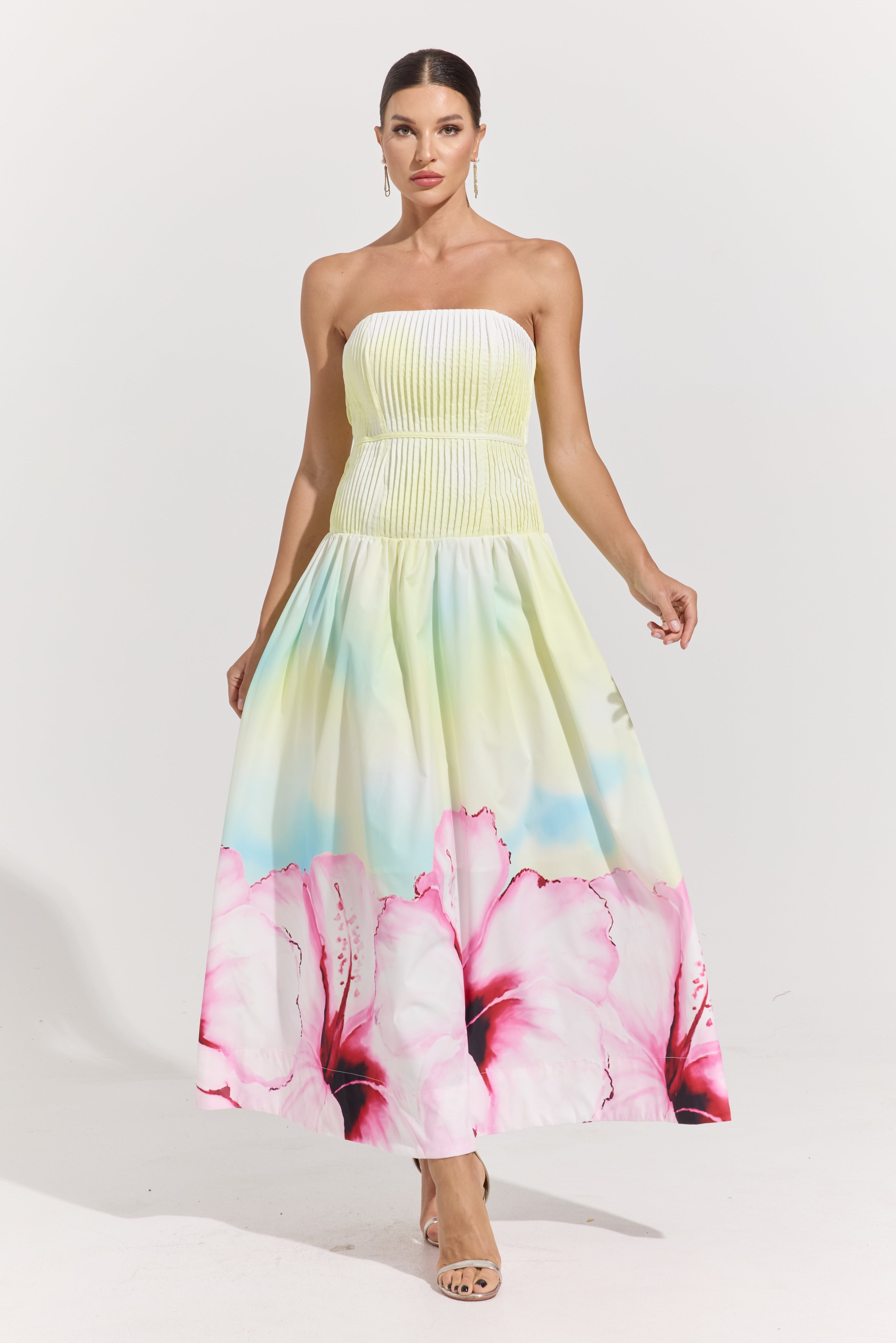 Carly Bloom Strapless Pleated Maxi Dress