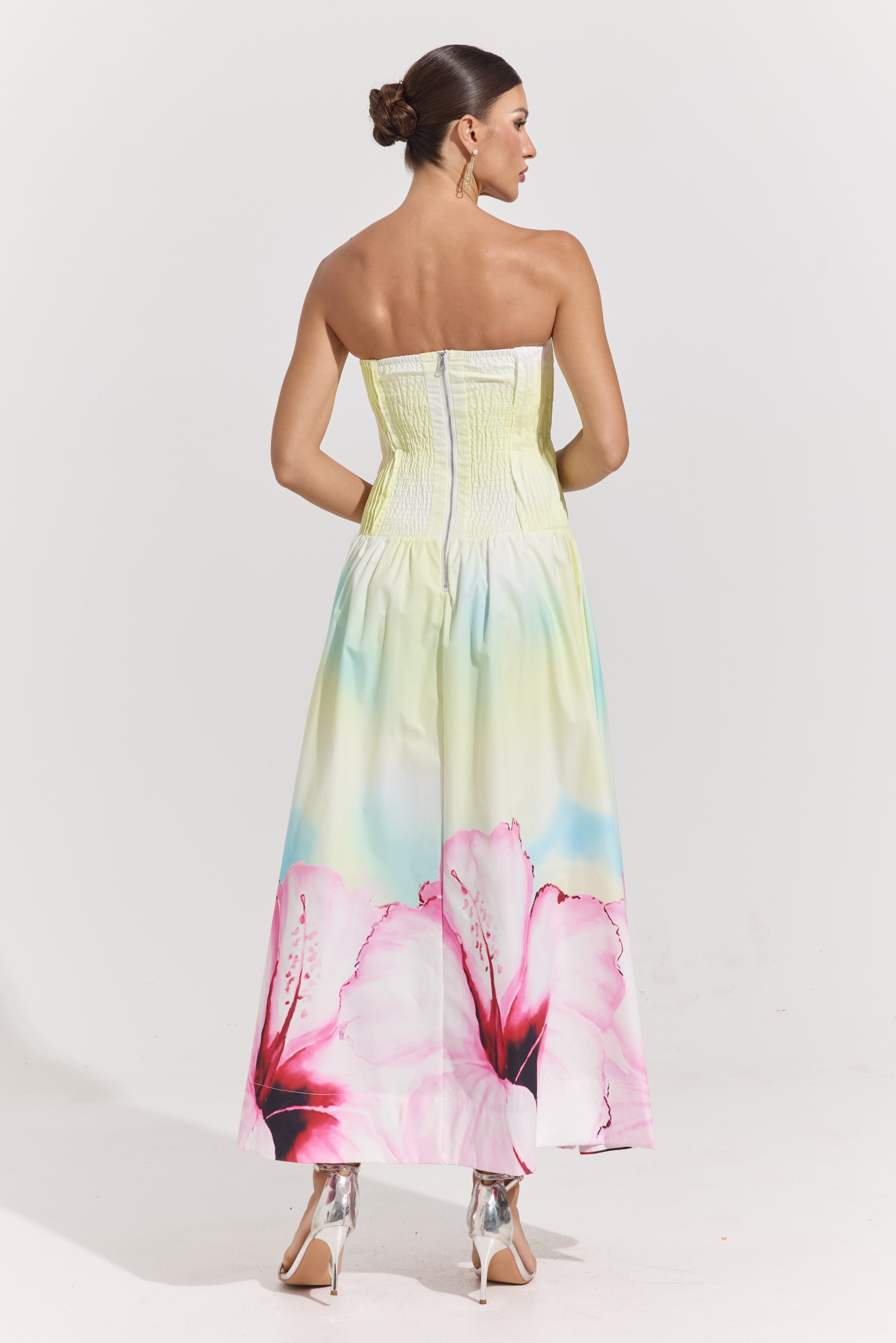 Carly Bloom Strapless Pleated Maxi Dress