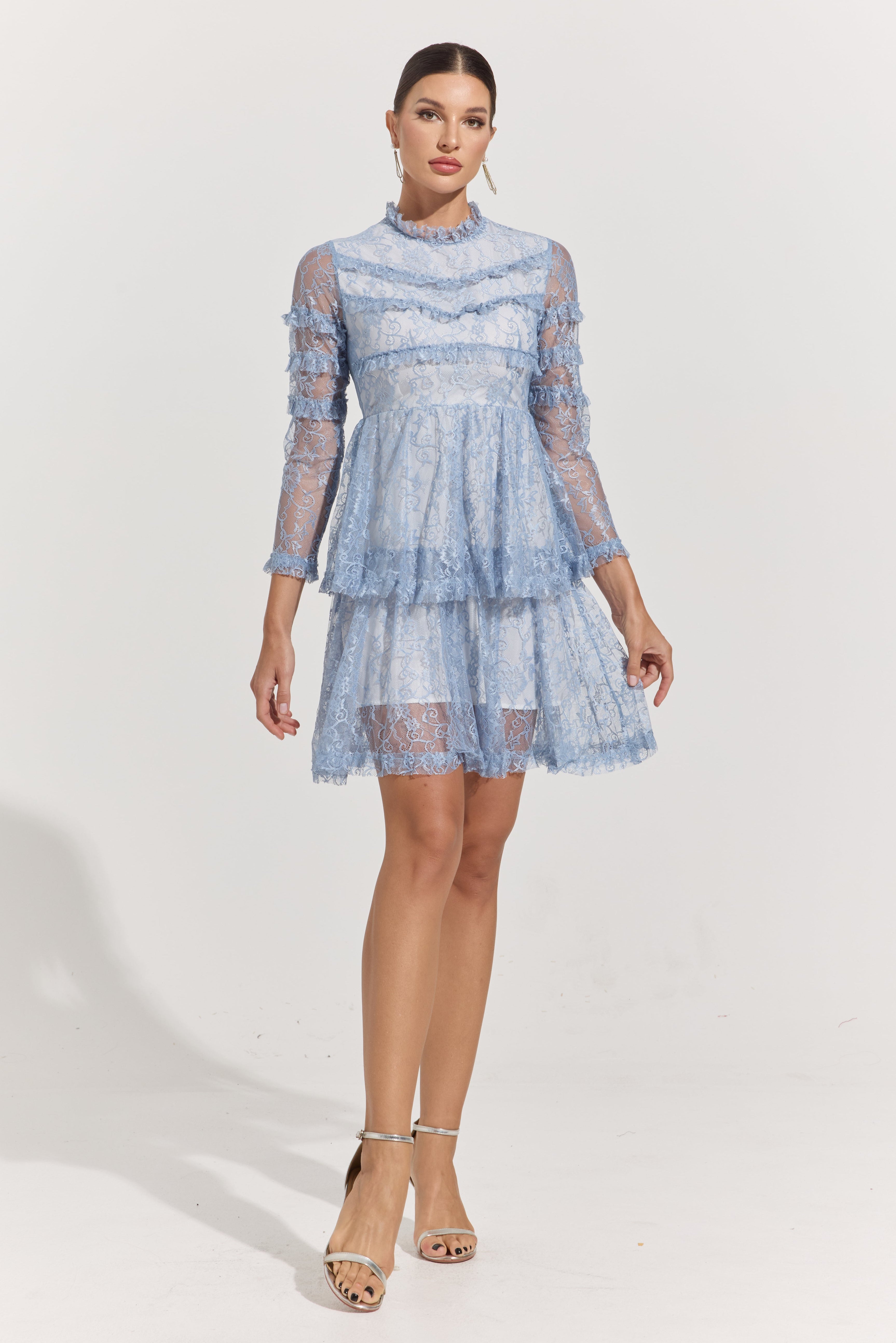Chloe Blue Lace Tiered Mini Dress