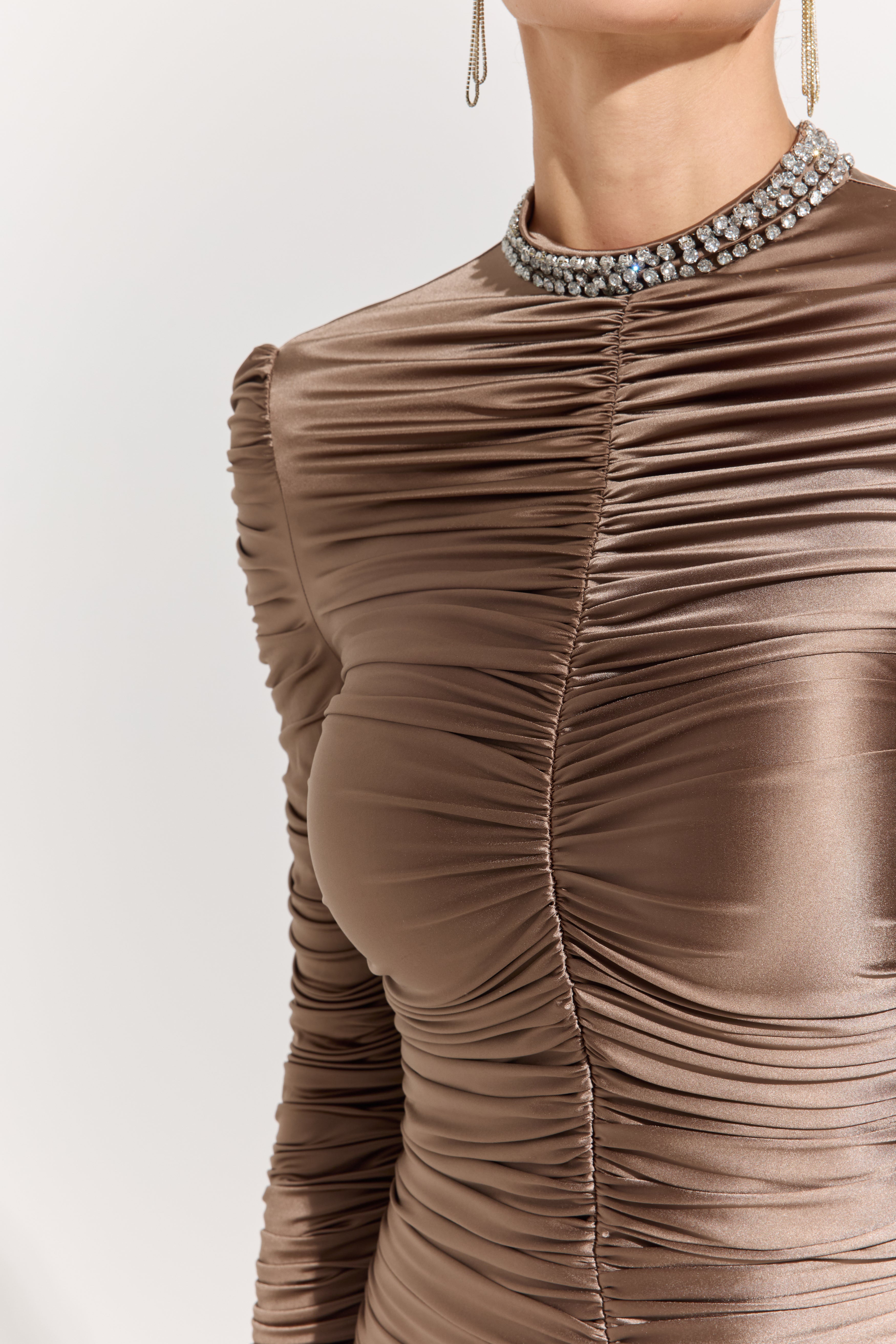 Galadriel Mocha Luxe Ruched Mini Dress