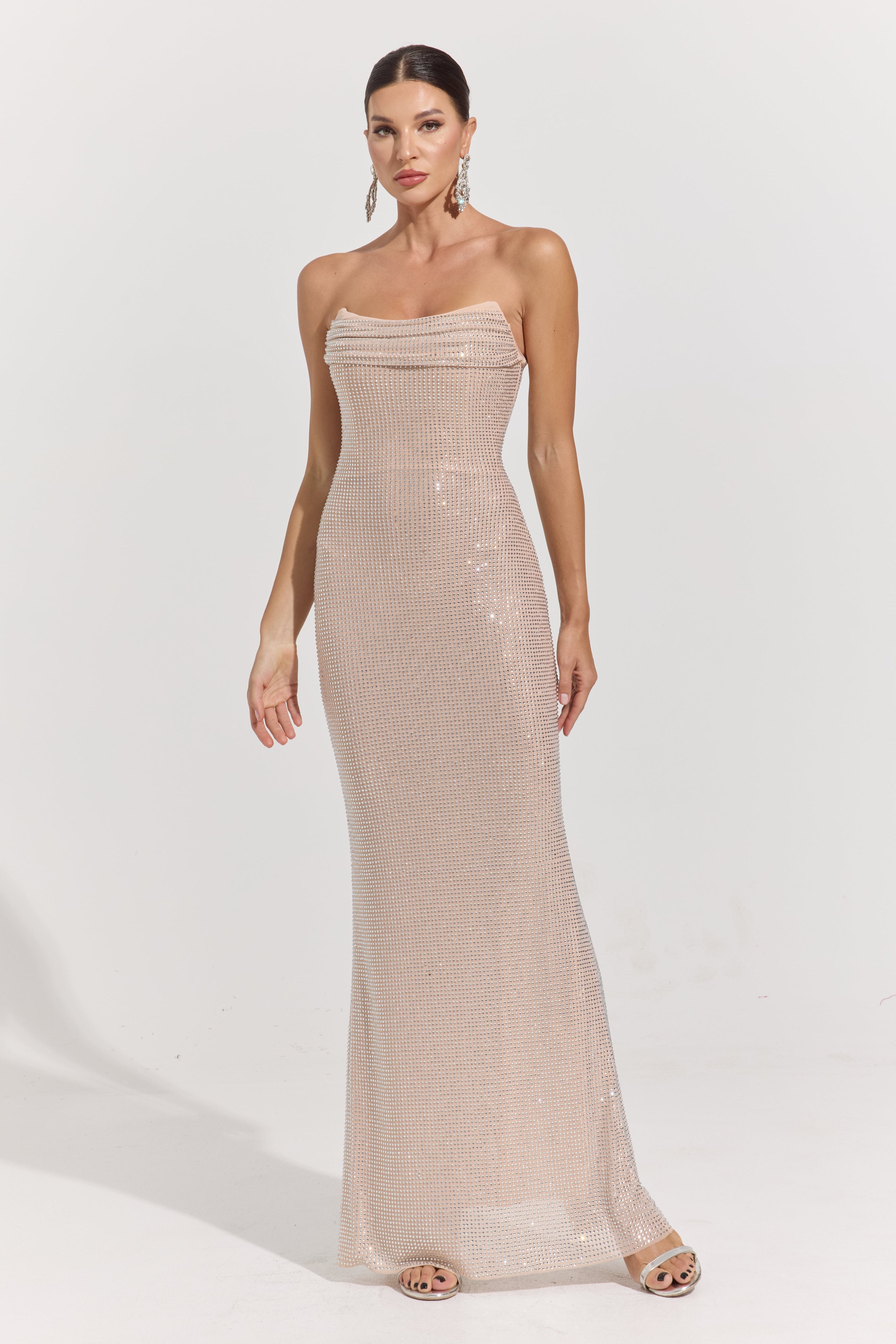 Jovielle Champagne Radiance Strapless Maxi Dress