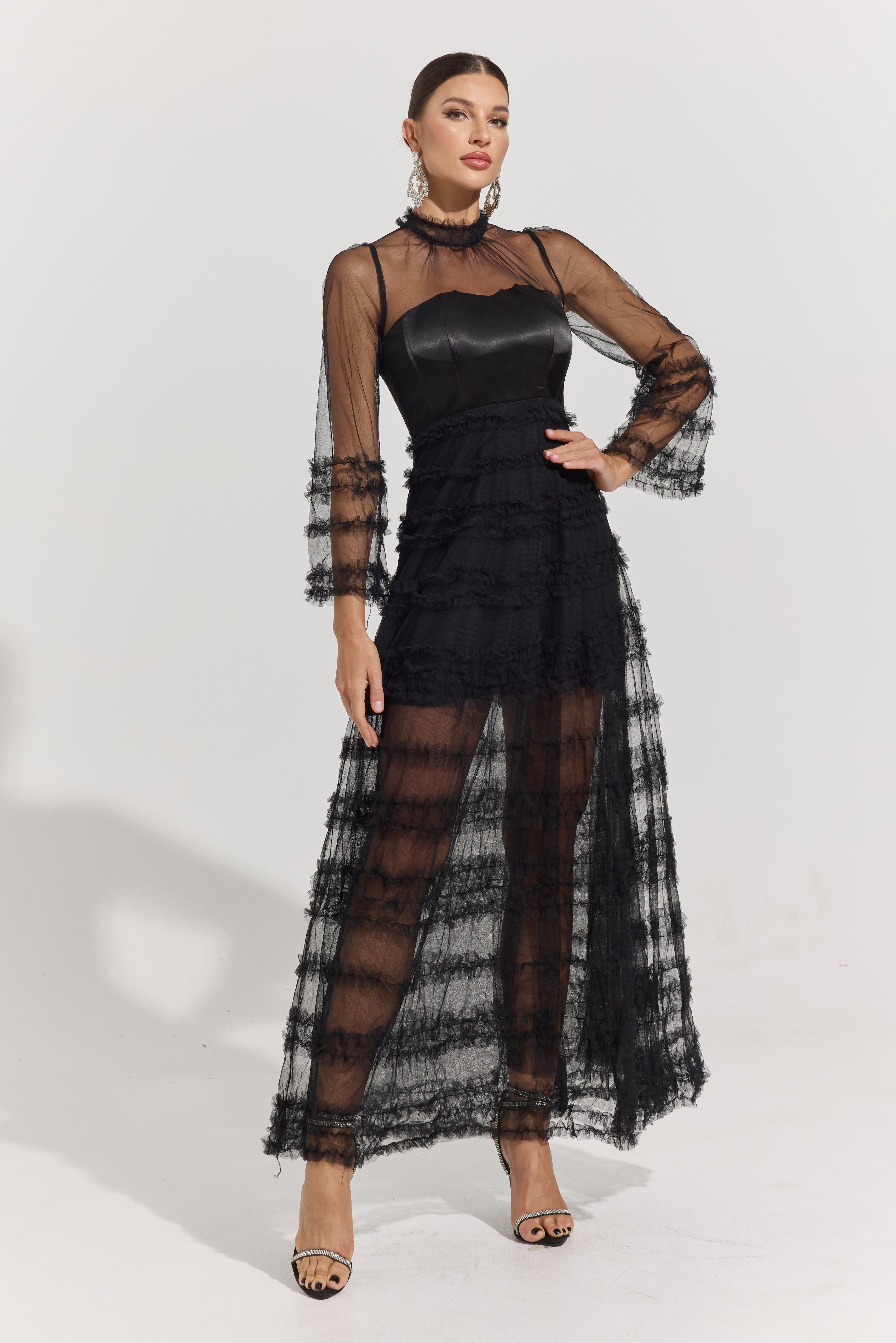 Avaline Noir Illusion Tiered Tulle Maxi Dress