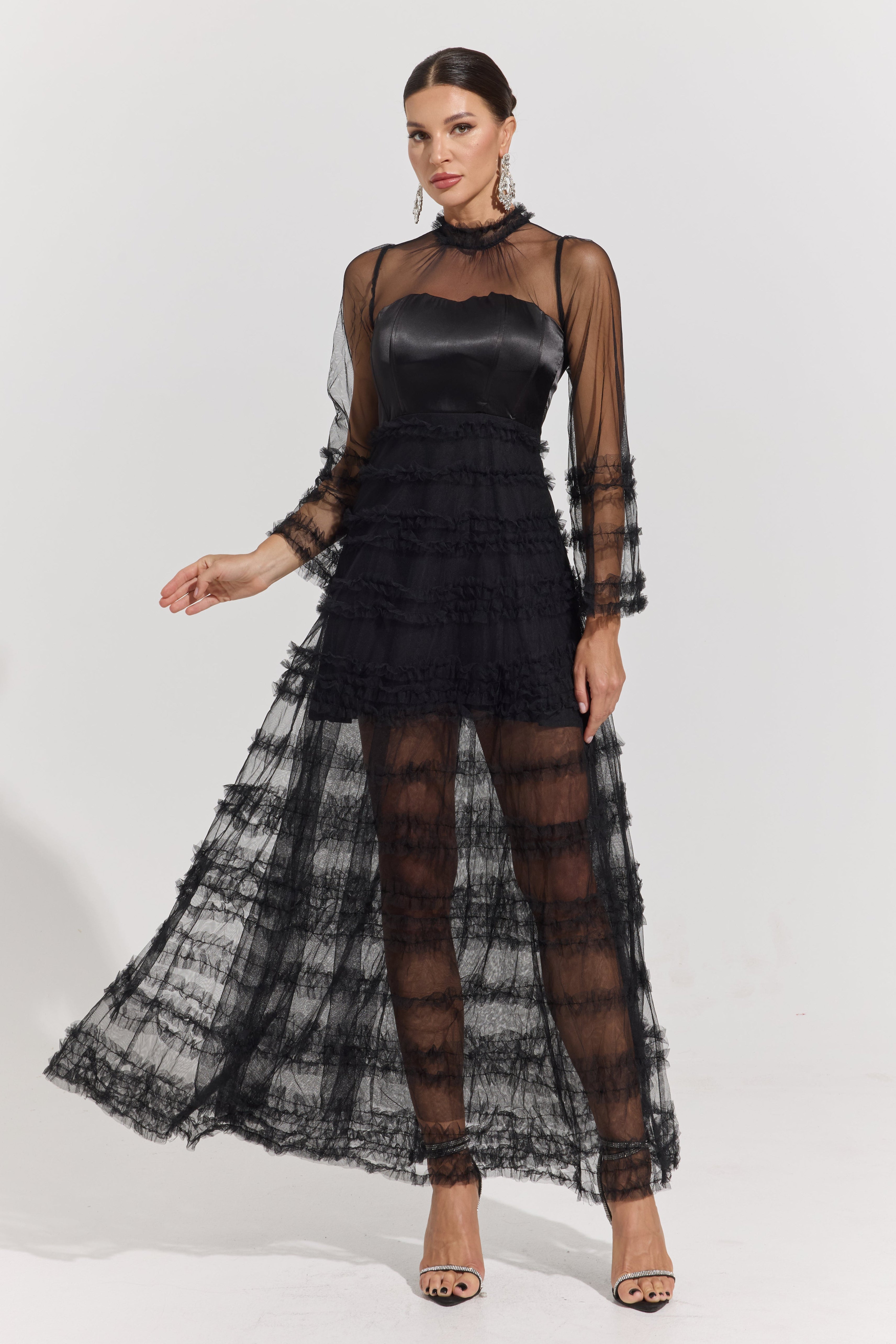 Avaline Noir Illusion Tiered Tulle Maxi Dress