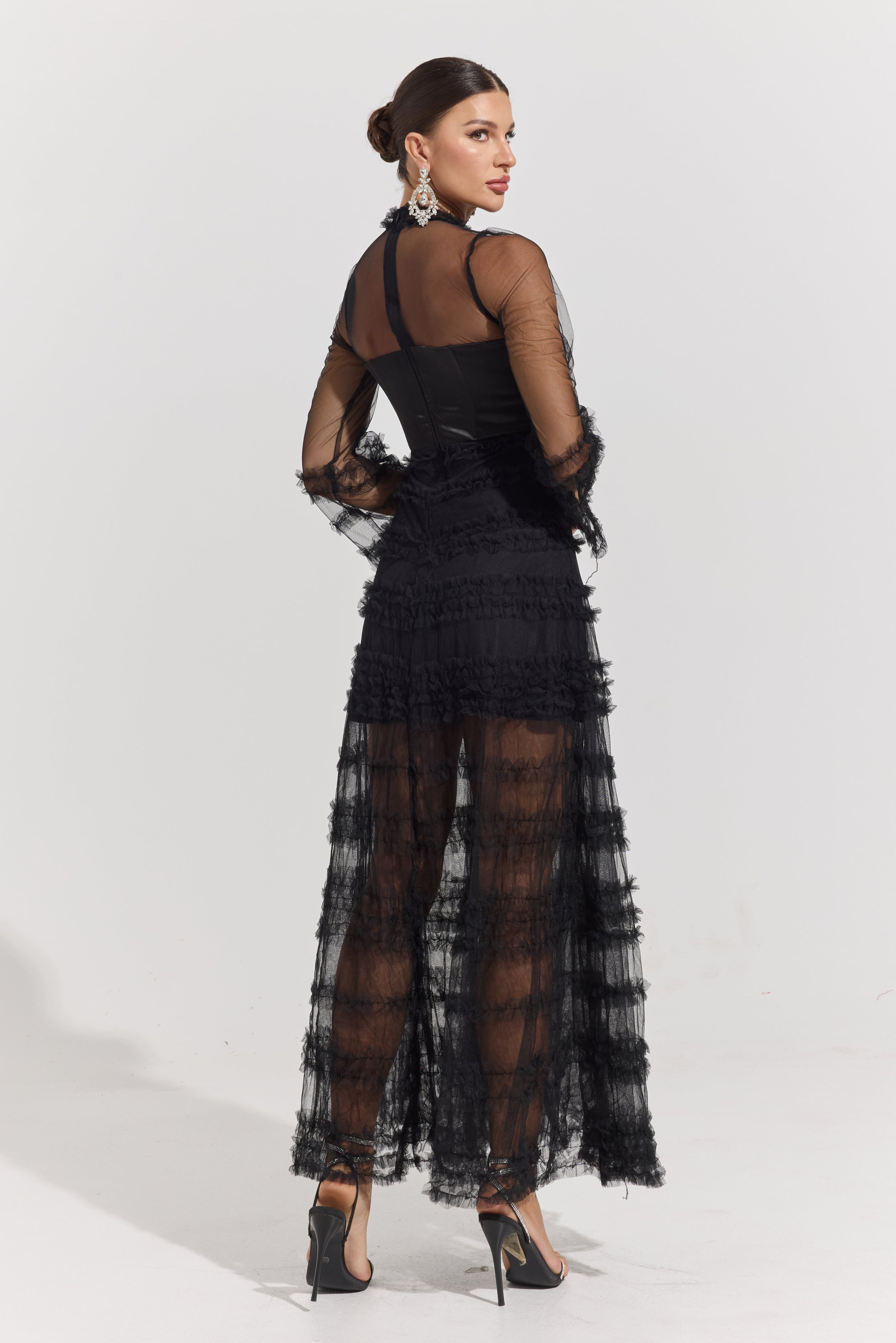 Avaline Noir Illusion Tiered Tulle Maxi Dress
