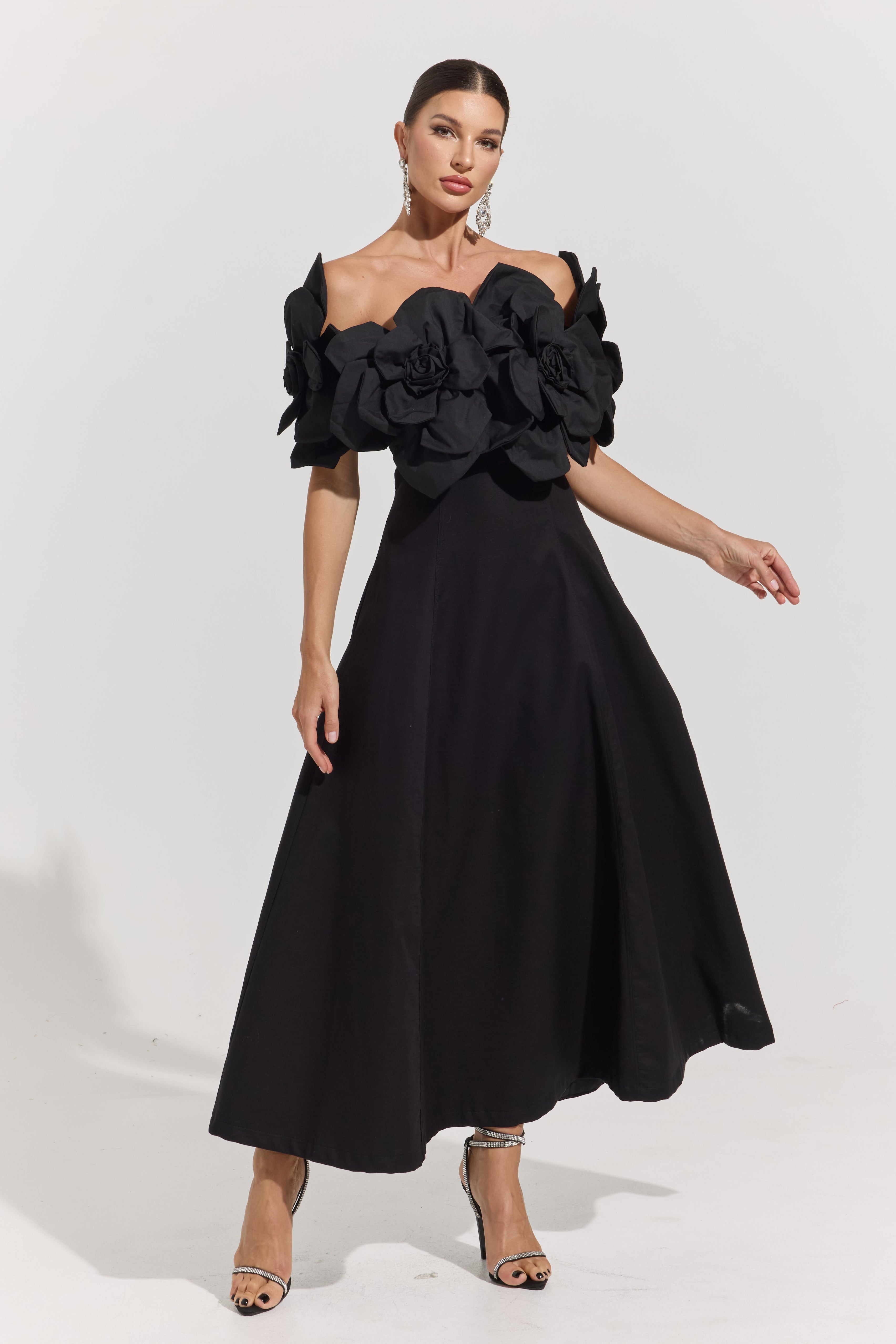Dove Black Rosette Off-Shoulder Maxi dress