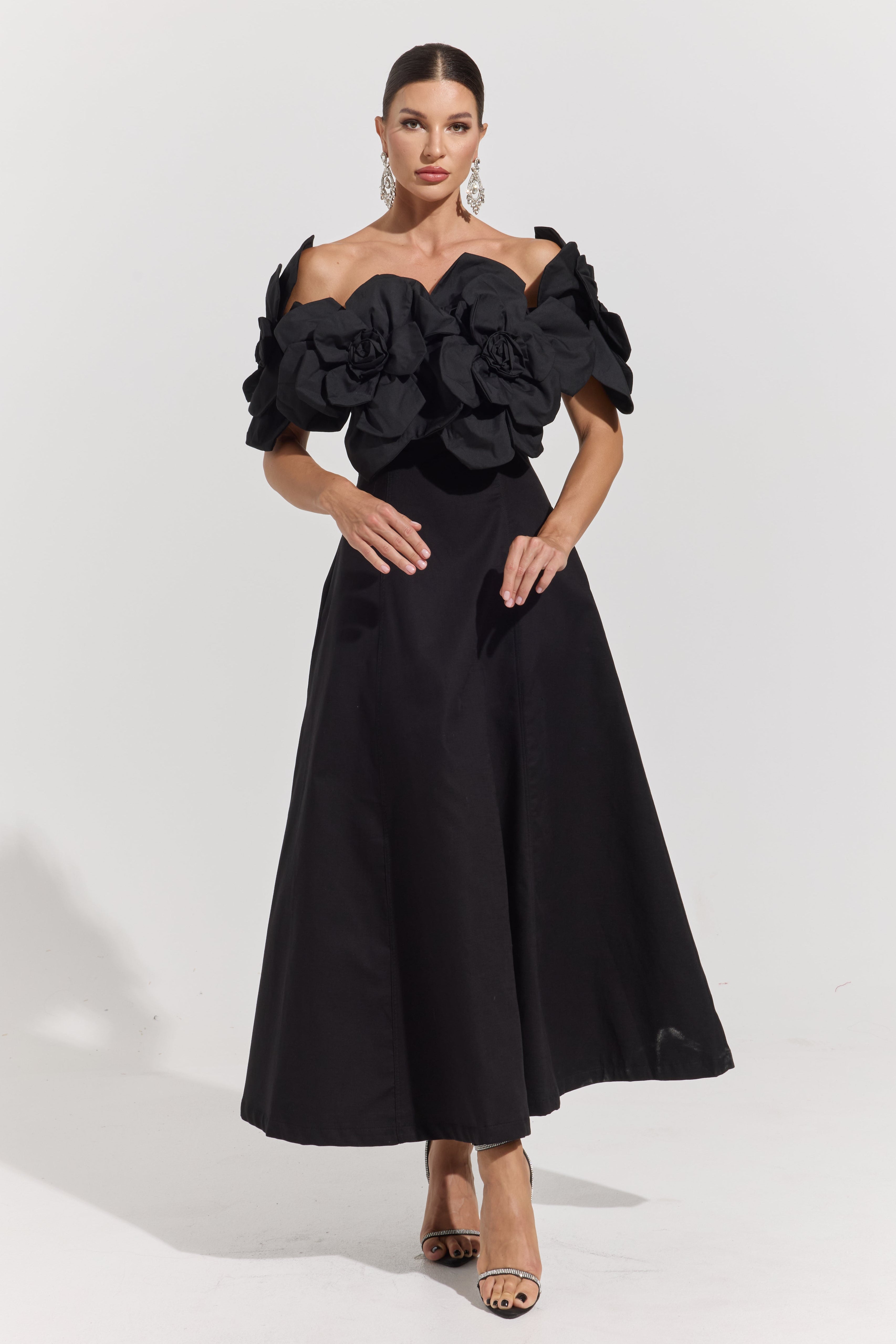 Dove Black Rosette Off-Shoulder Maxi dress