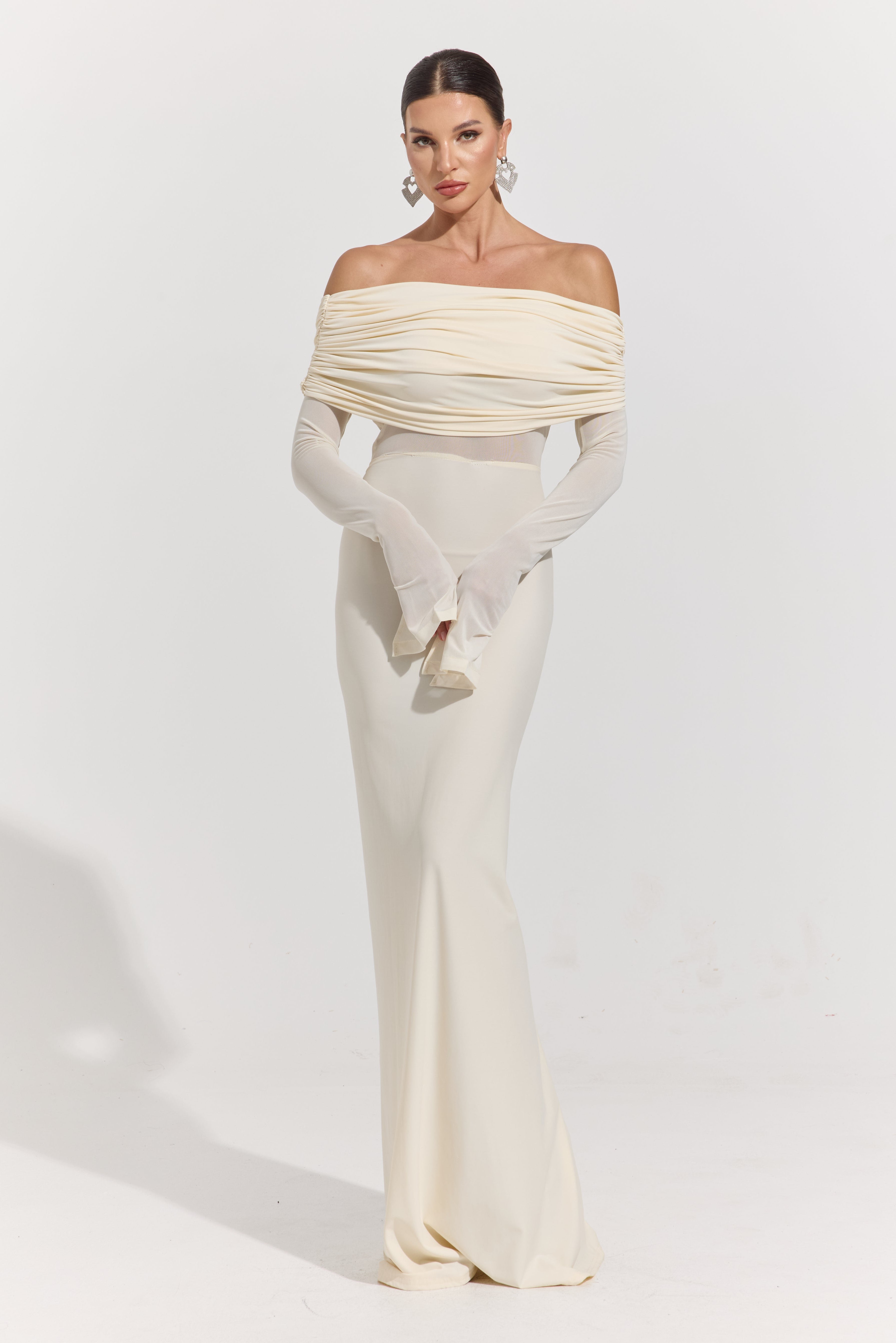 Monroe Ivory Whisper Off-Shoulder Maxi Dress