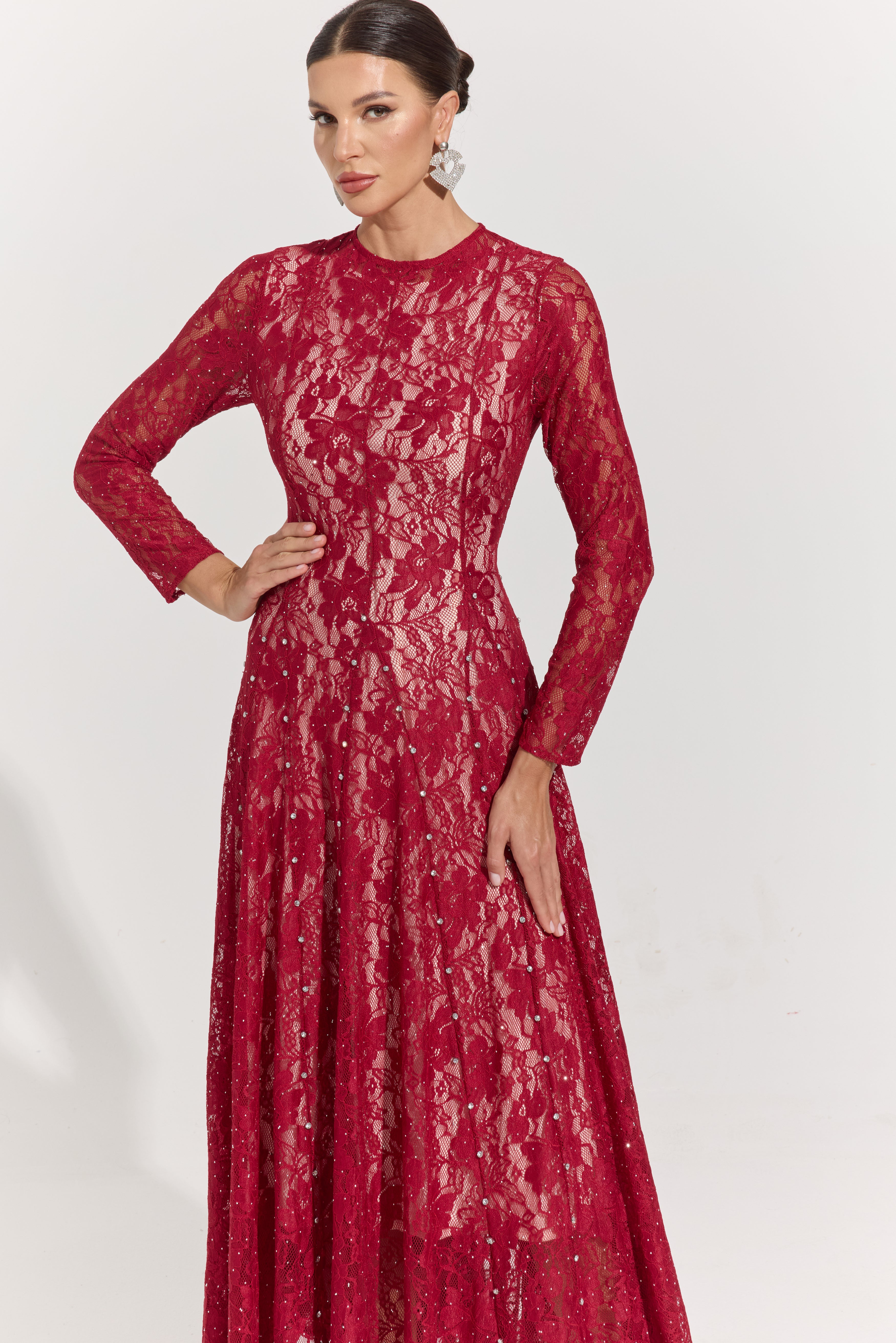 Megan Crimson Lace Maxi Dress