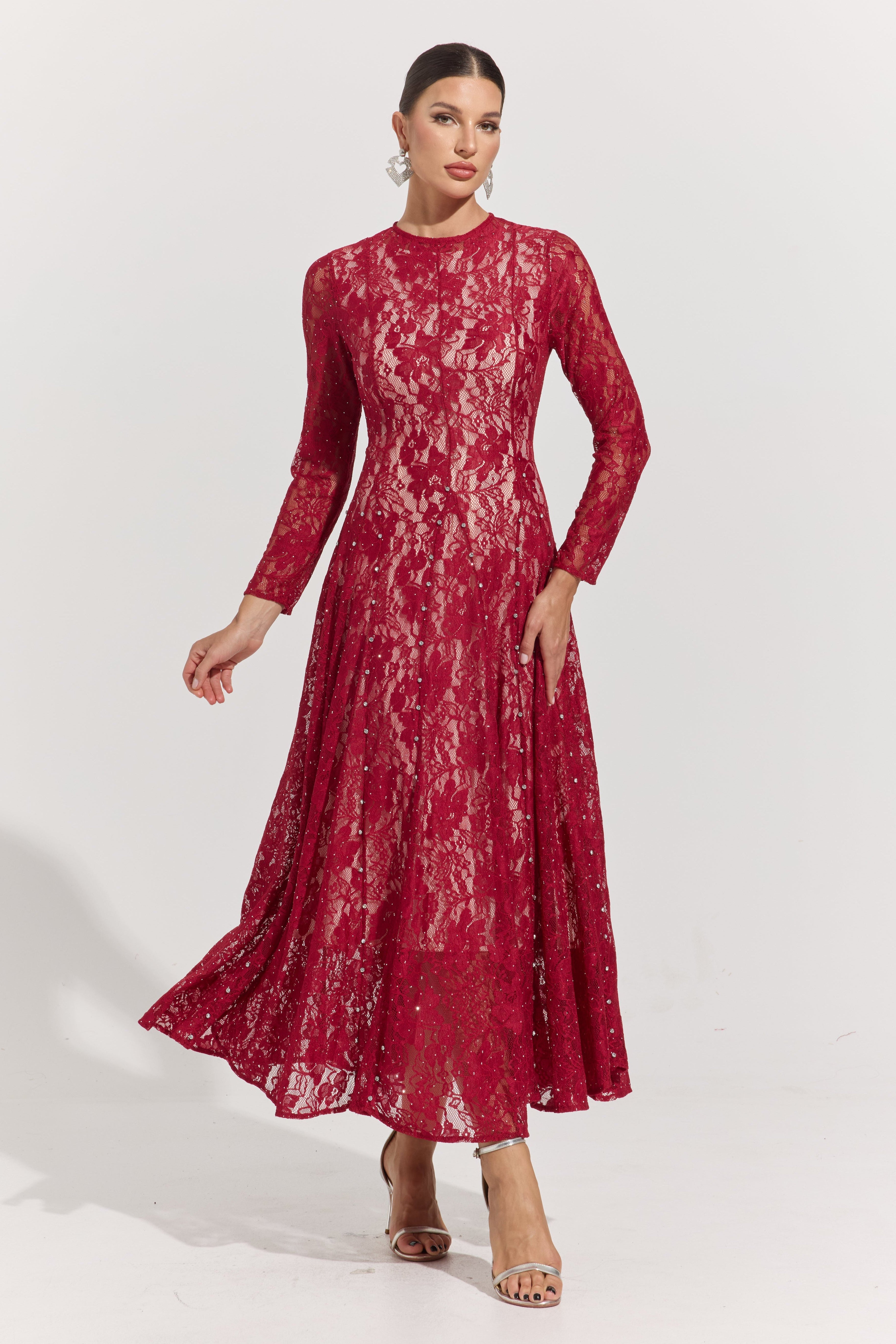 Megan Crimson Lace Maxi Dress