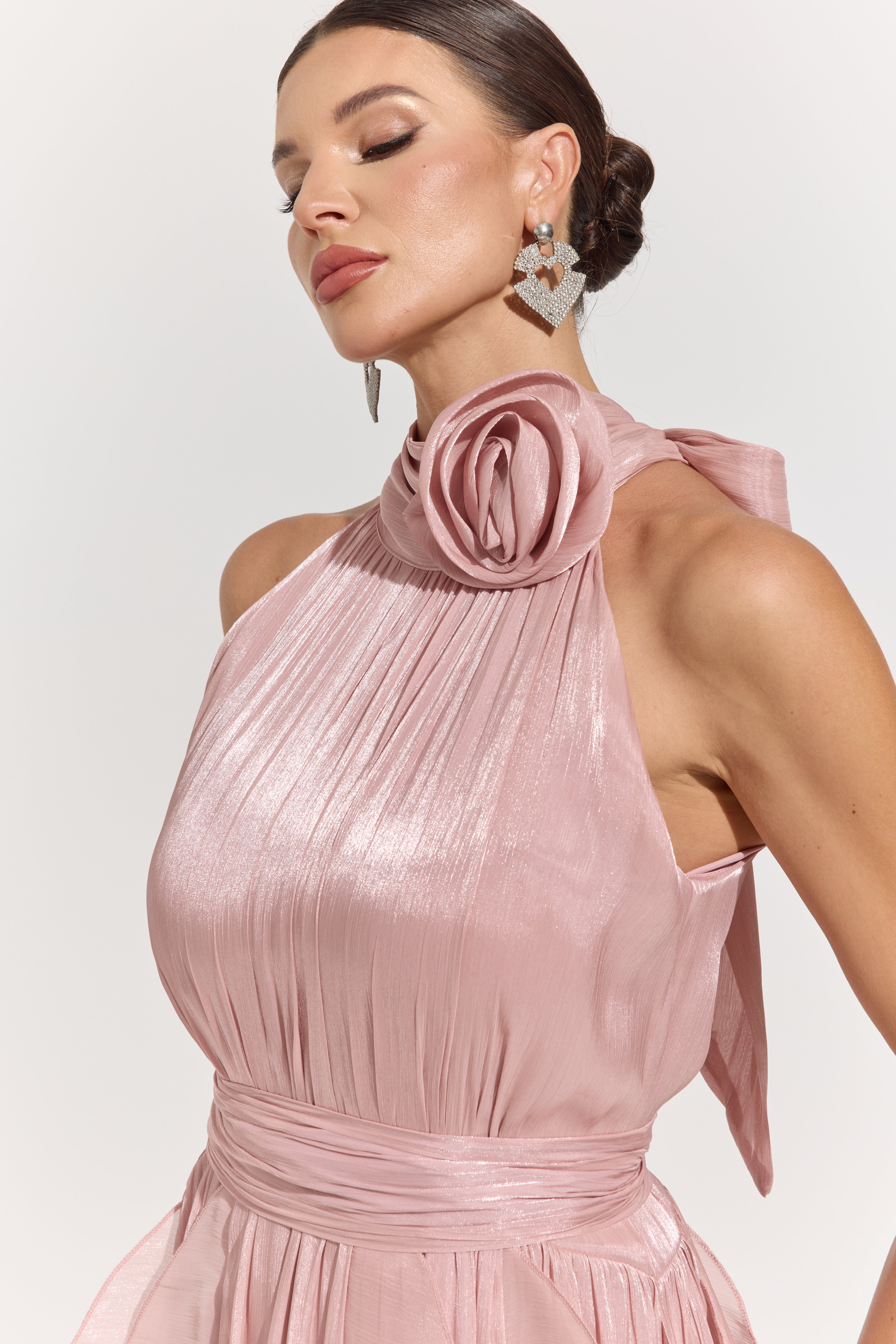 Raquel Pink Rosette Pleated Midi Dress