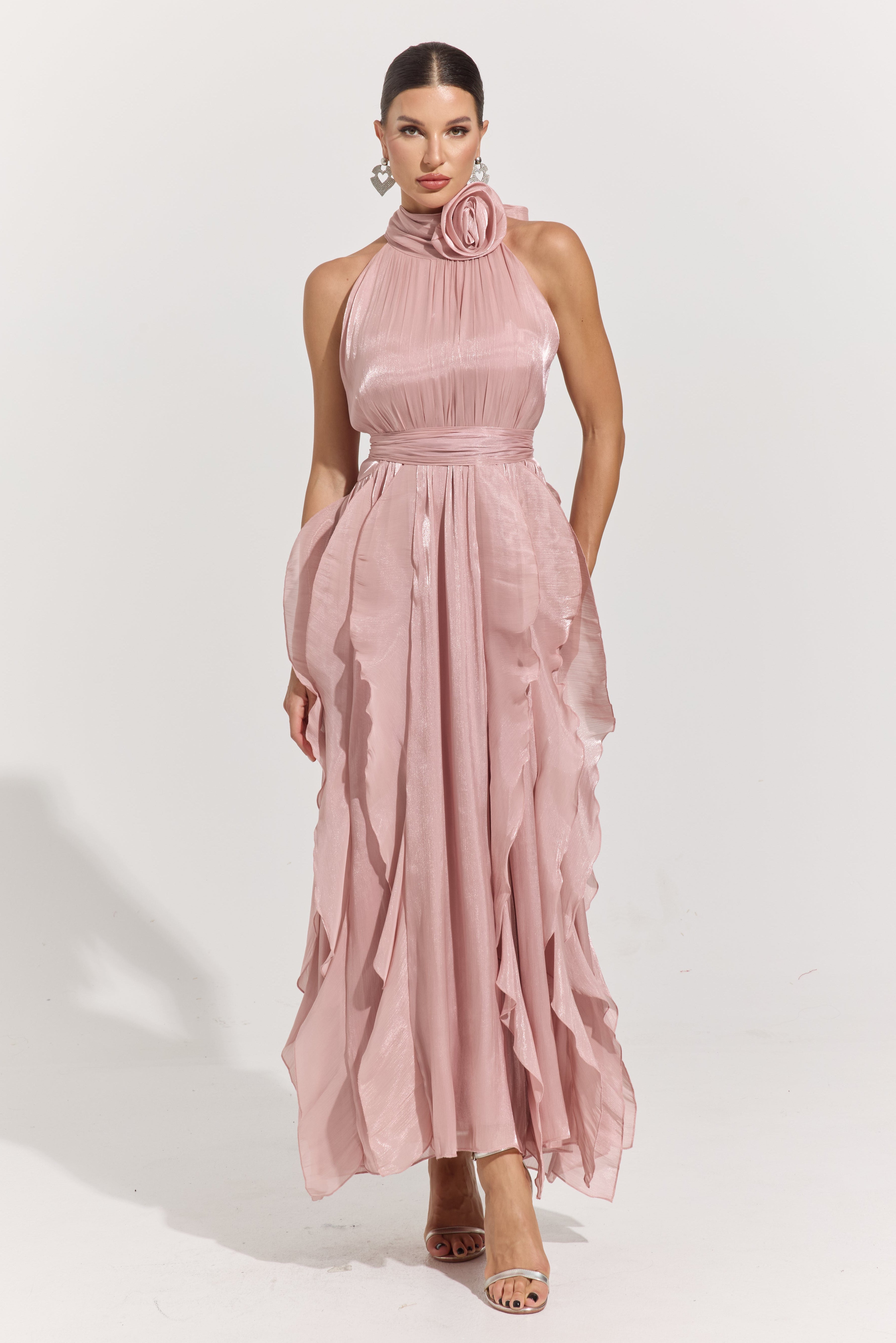 Raquel Pink Rosette Pleated Midi Dress
