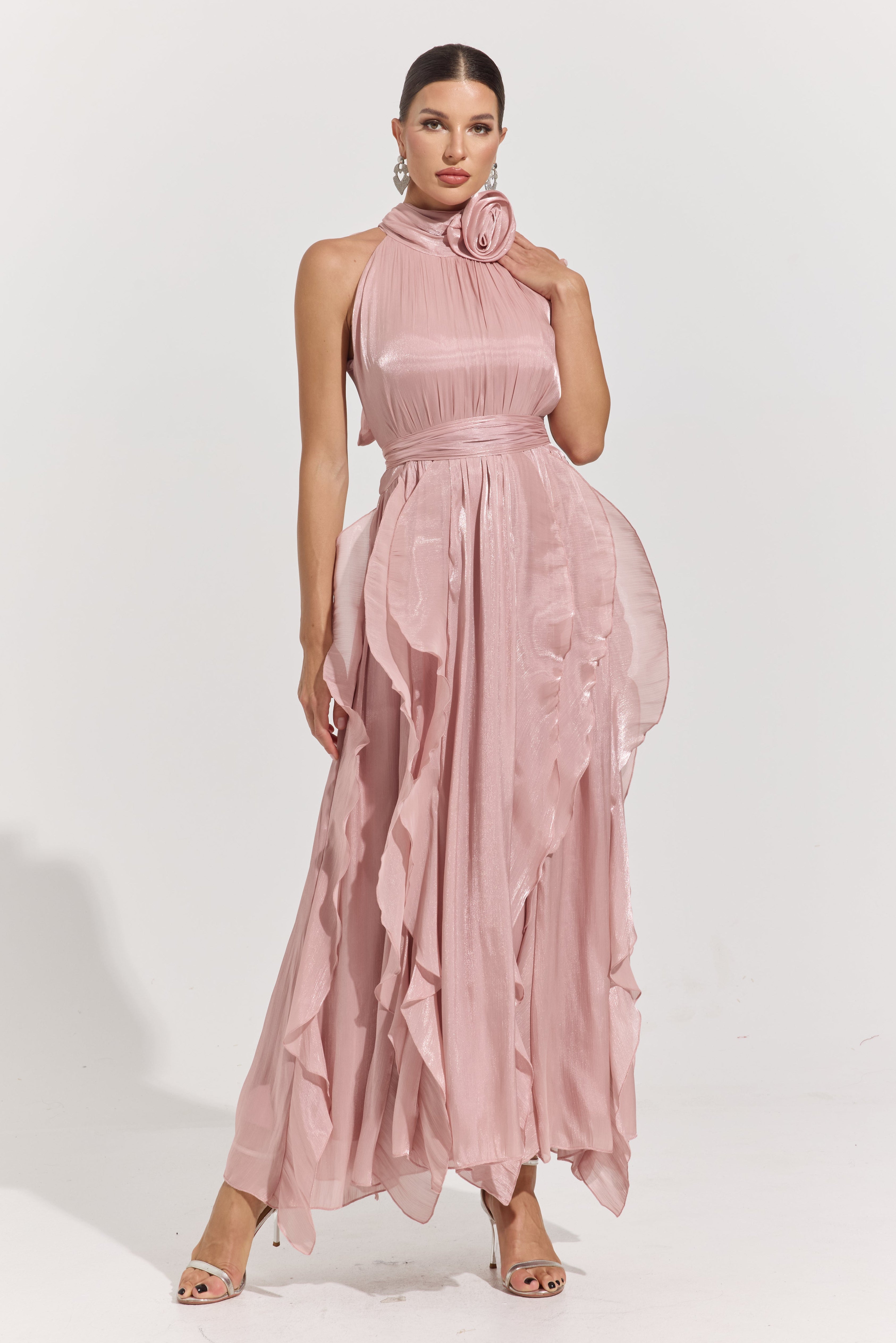 Raquel Pink Rosette Pleated Midi Dress