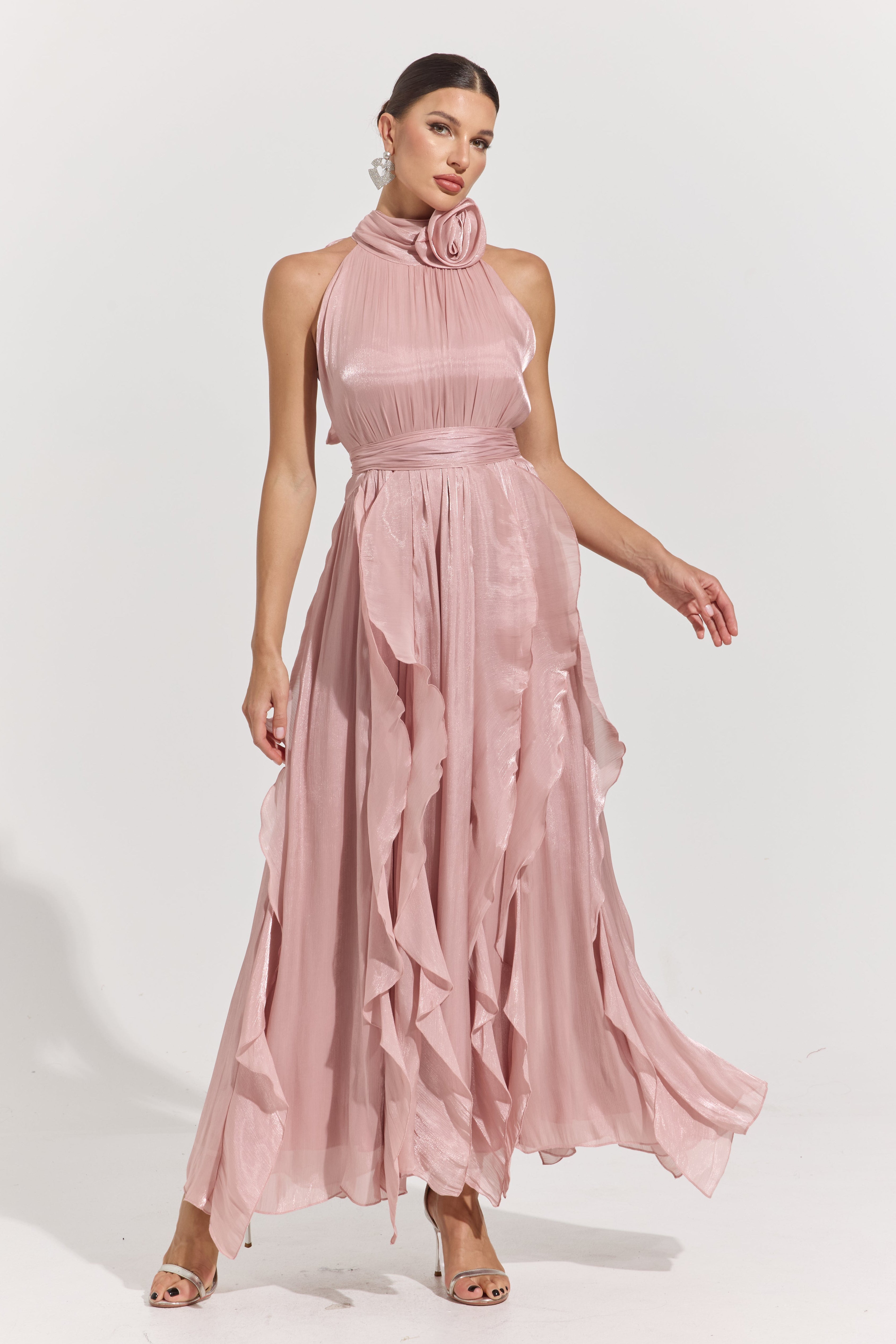 Raquel Pink Rosette Pleated Midi Dress