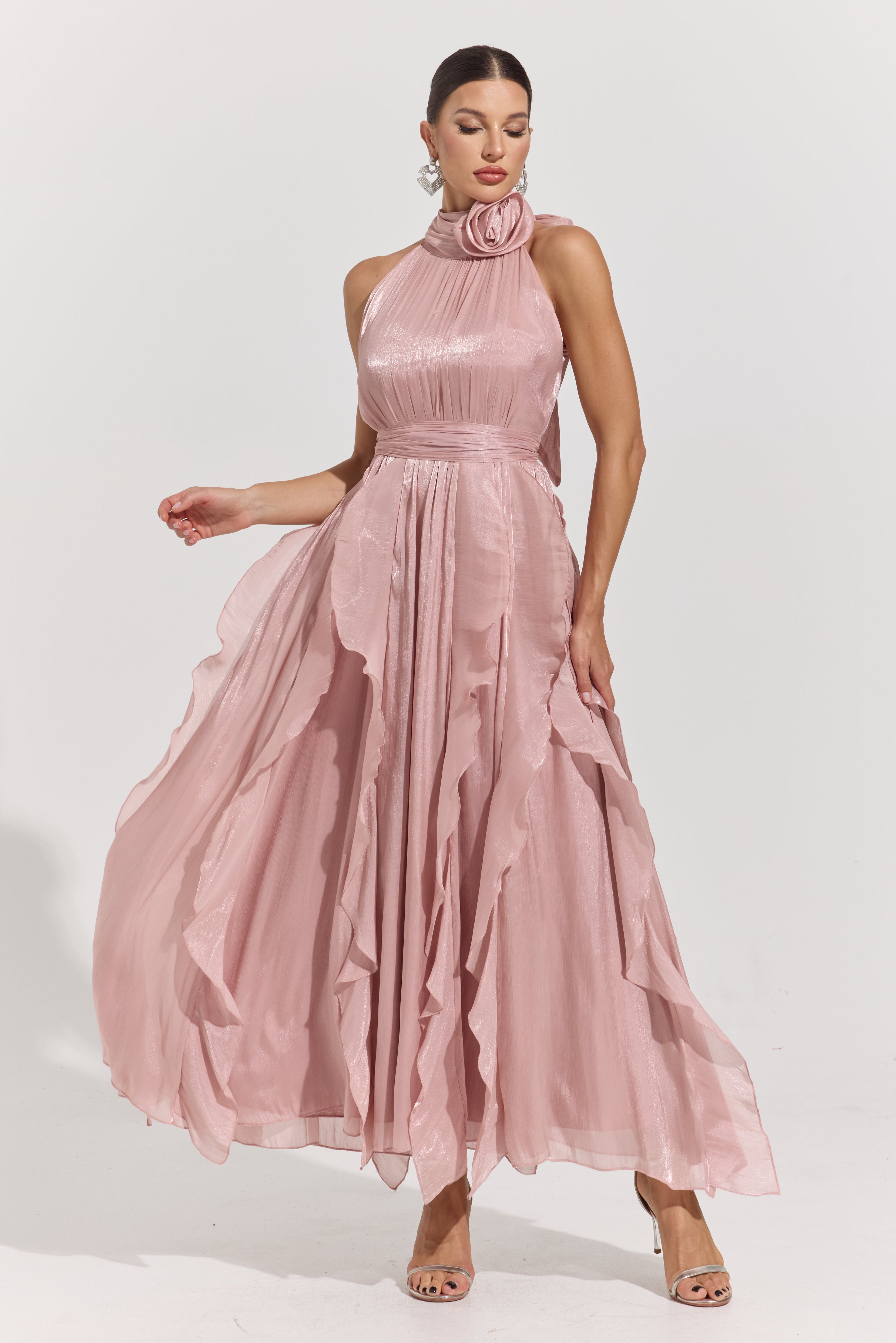 Raquel Pink Rosette Pleated Midi Dress