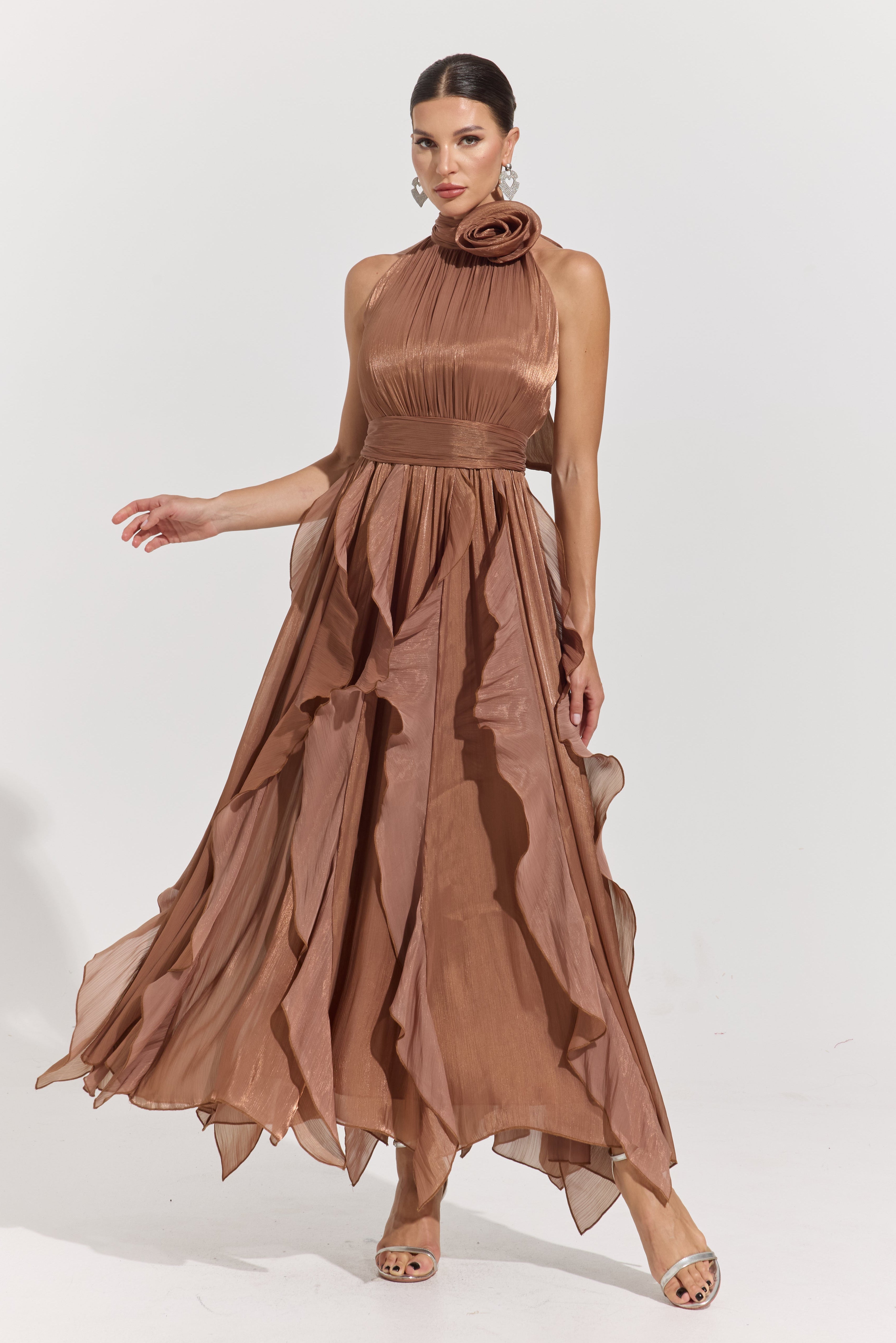 Raquel Brown Rosette Pleated Midi Dress