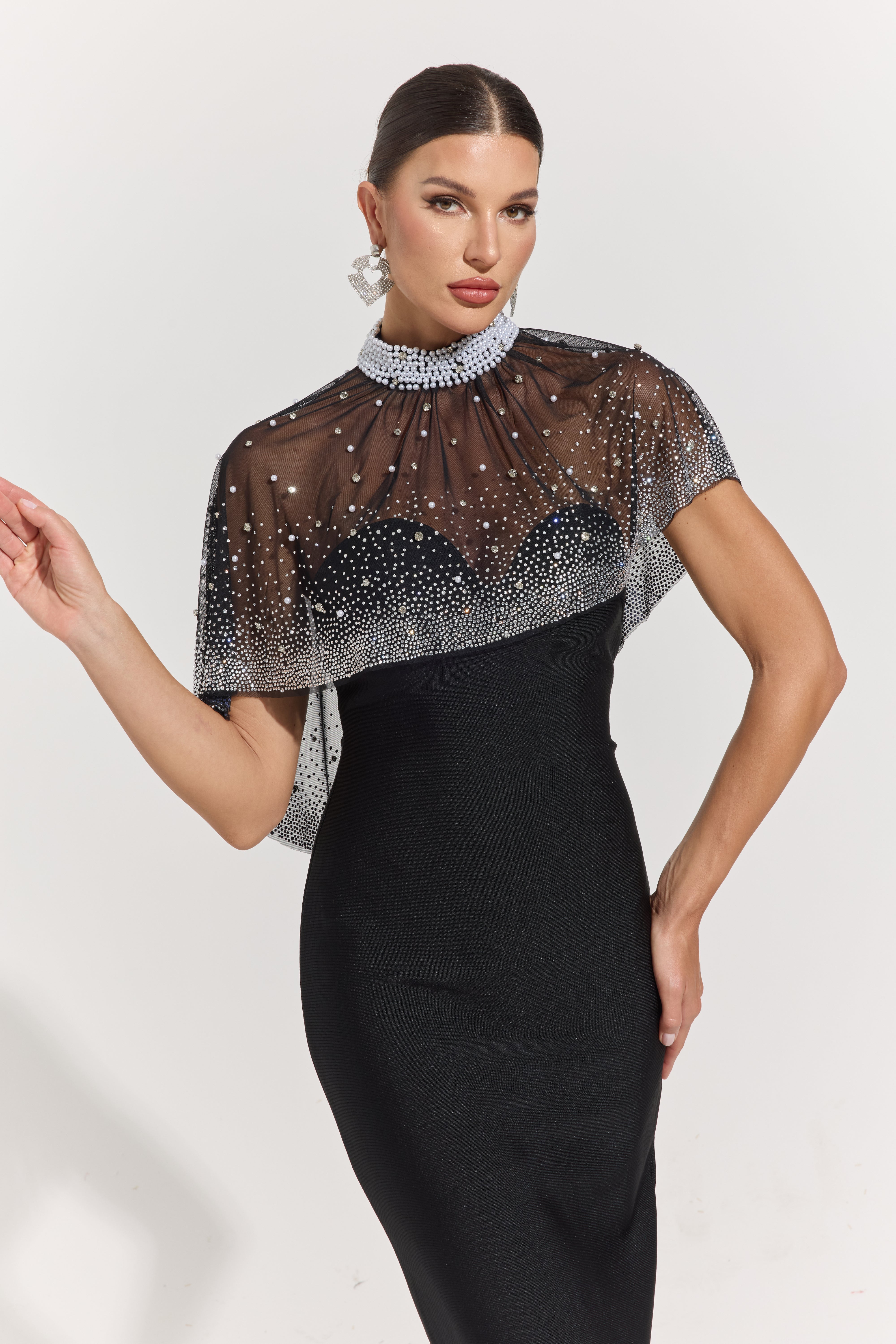 Phaedra Noir Crystal Veil Column Maxi Dress