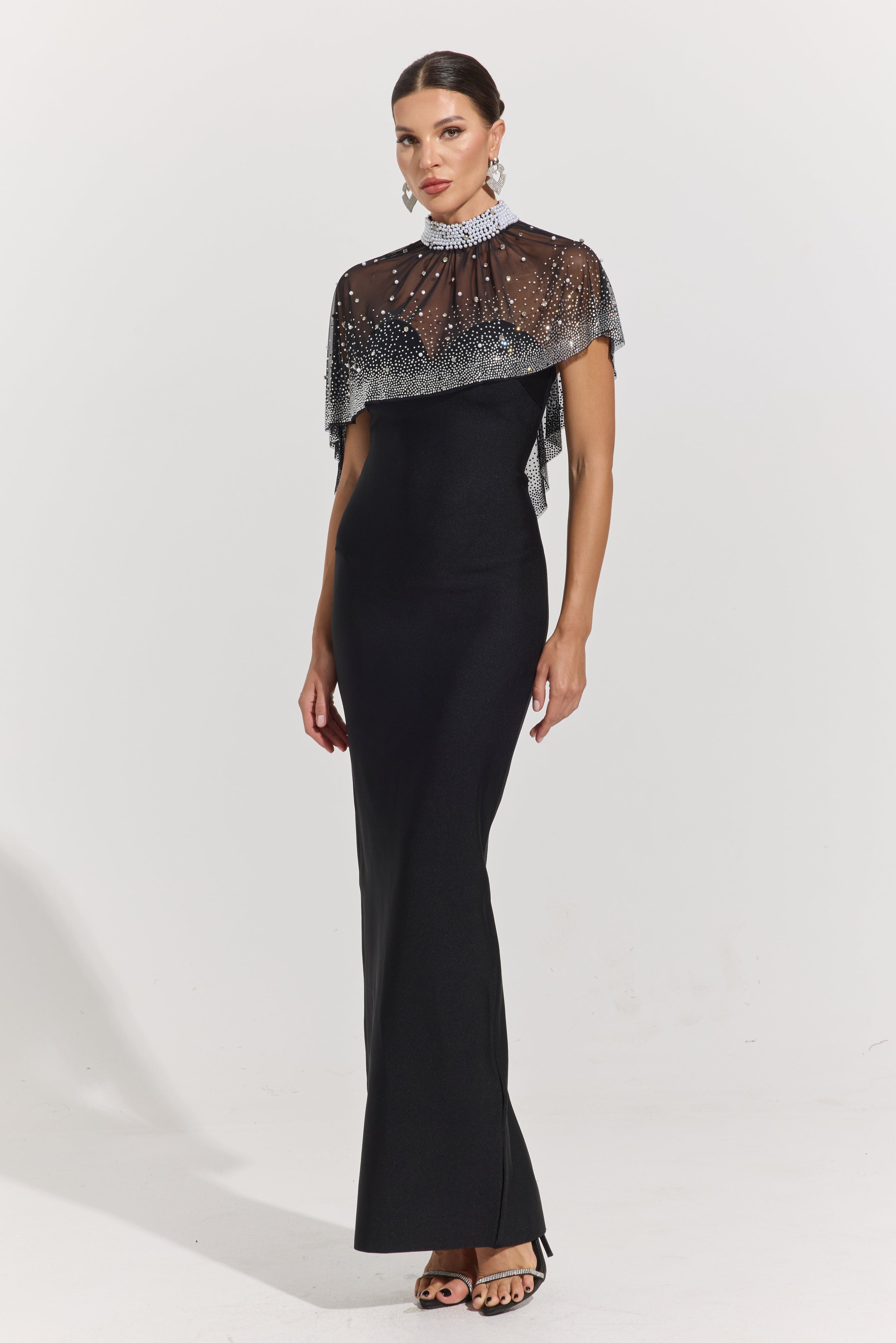 Phaedra Noir Crystal Veil Column Maxi Dress