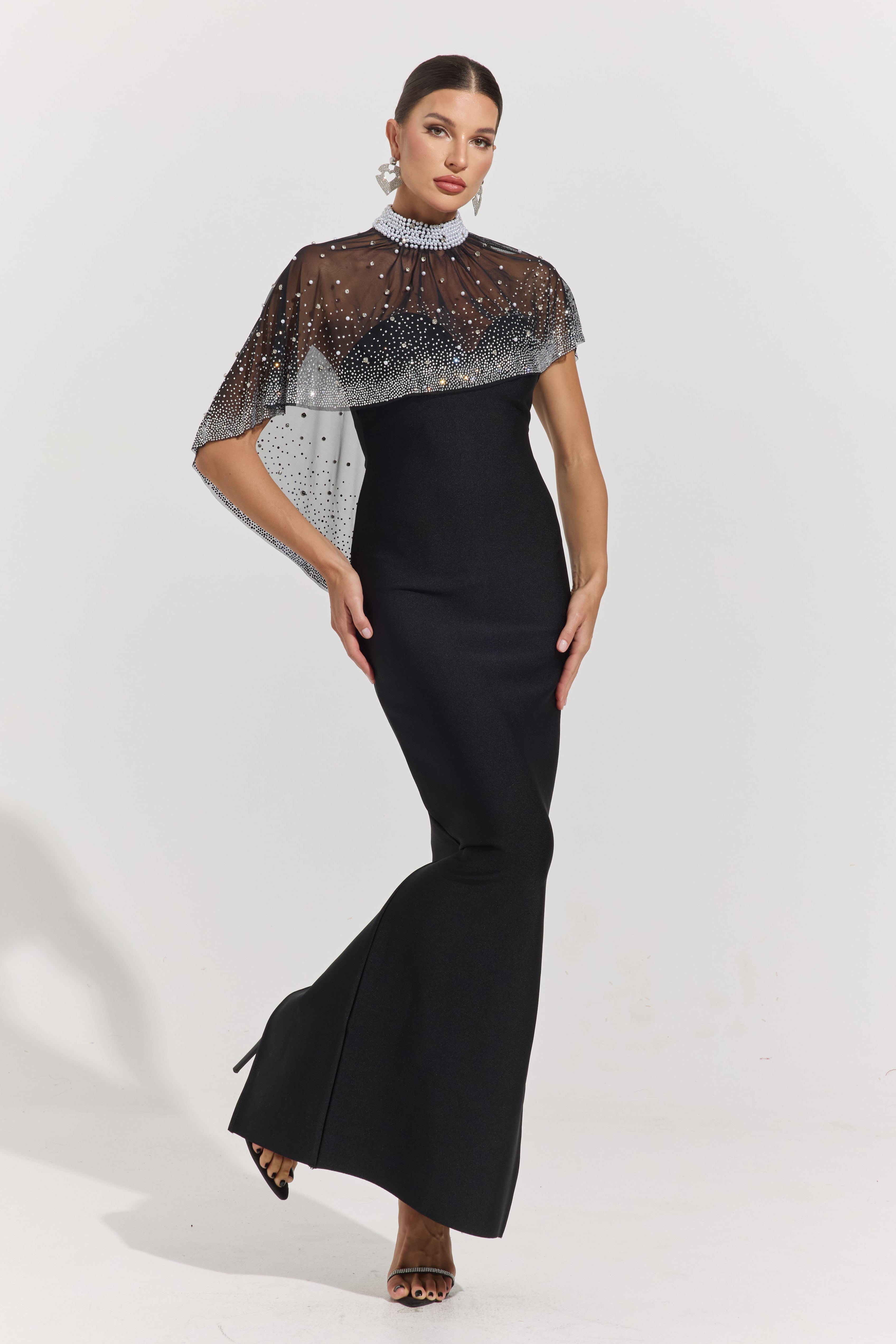 Phaedra Noir Crystal Veil Column Maxi Dress