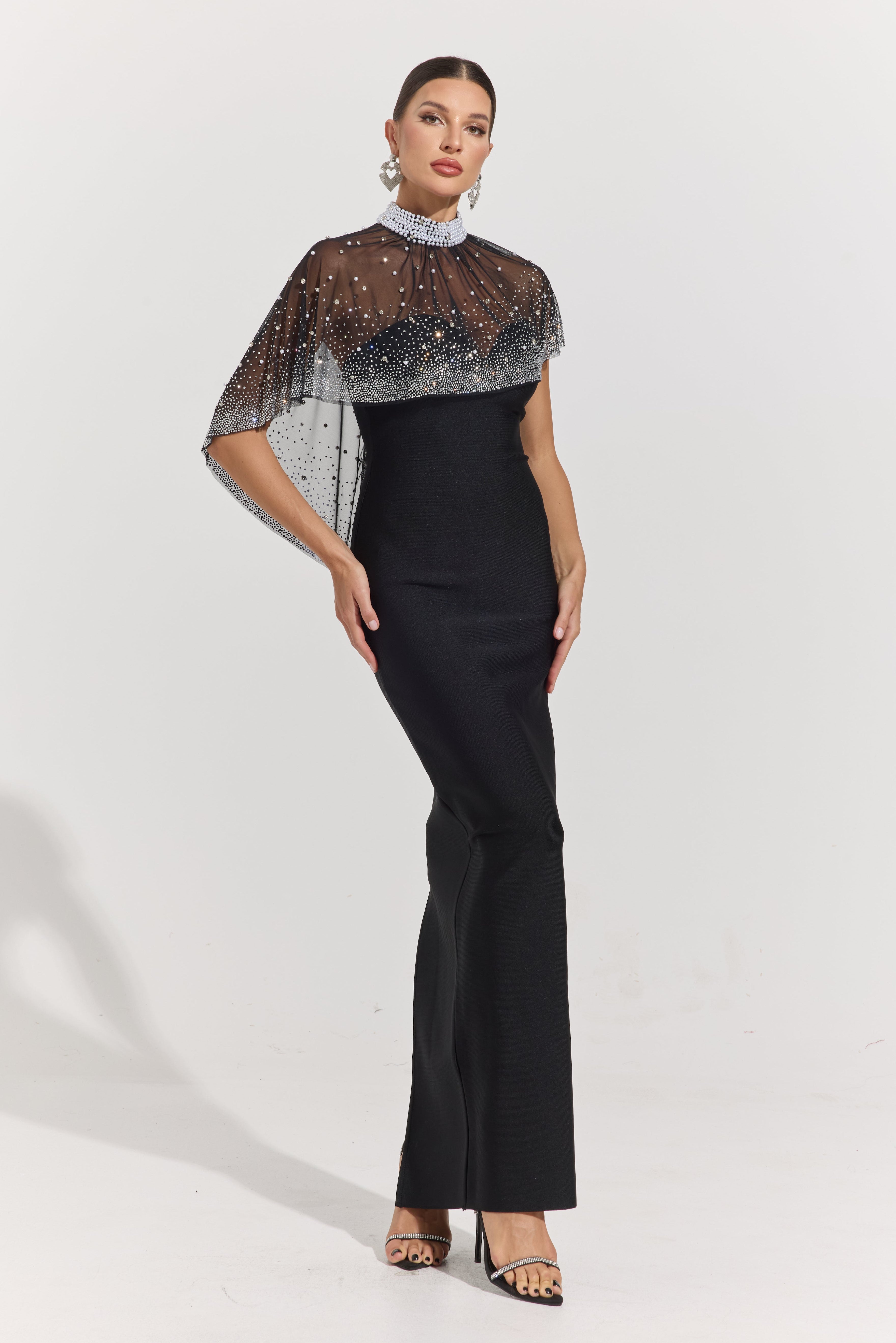 Phaedra Noir Crystal Veil Column Maxi Dress