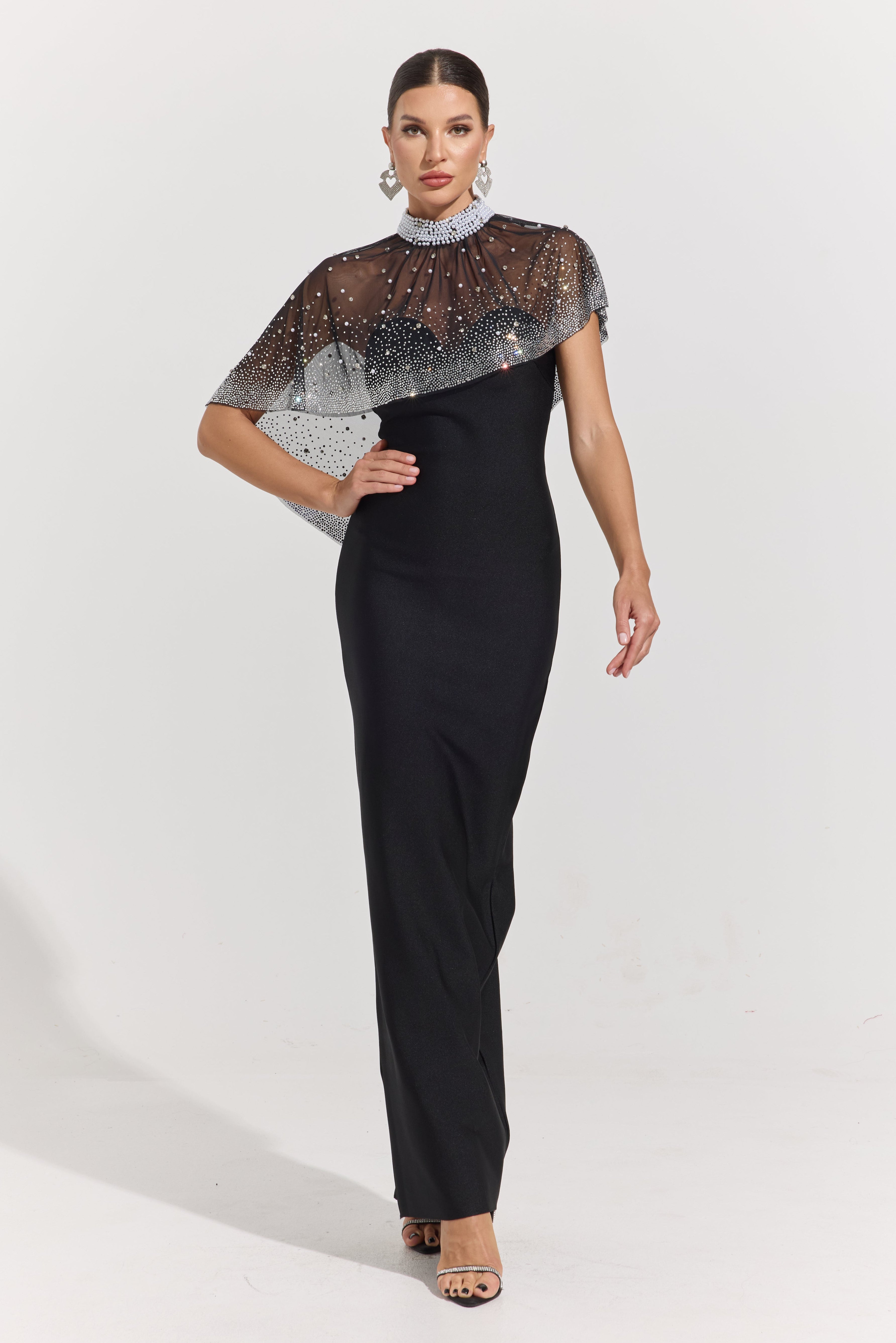 Phaedra Noir Crystal Veil Column Maxi Dress