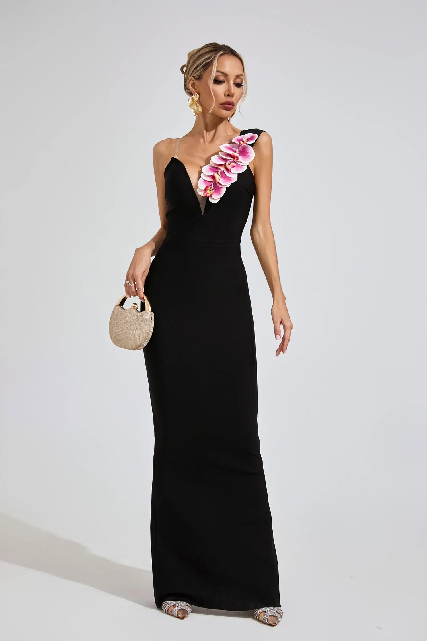 Maple Black Shoulder Bandage Maxi Dress