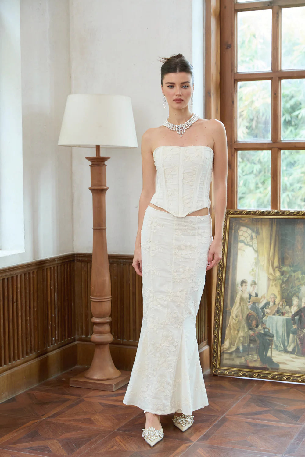 Eugenie White Embroidered Top & Skirt matching set