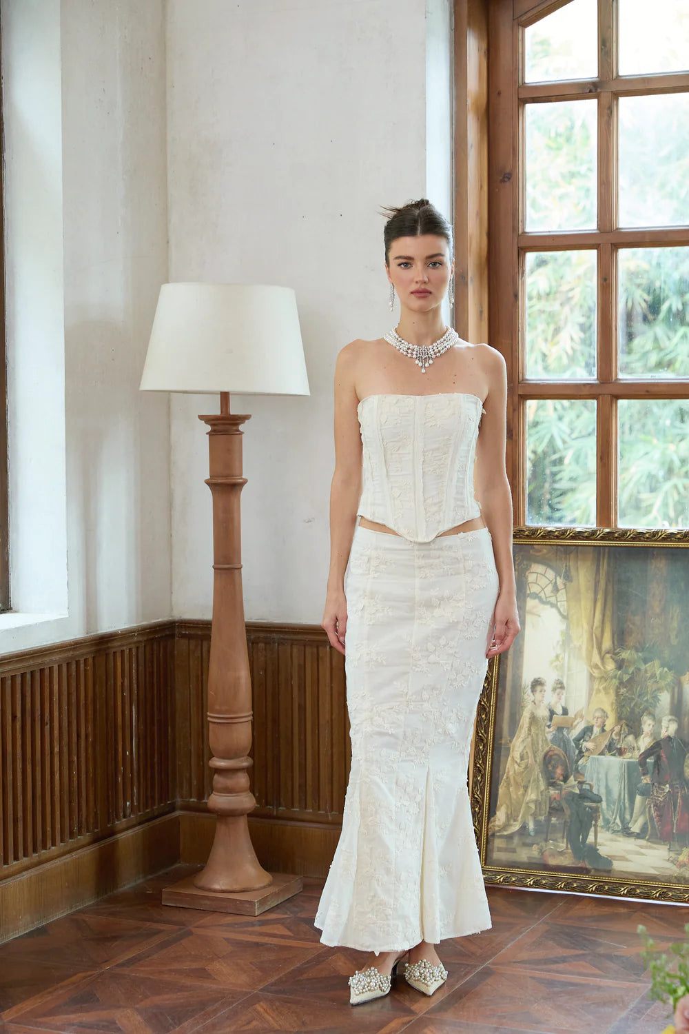 Eugenie White Embroidered Top & Skirt matching set