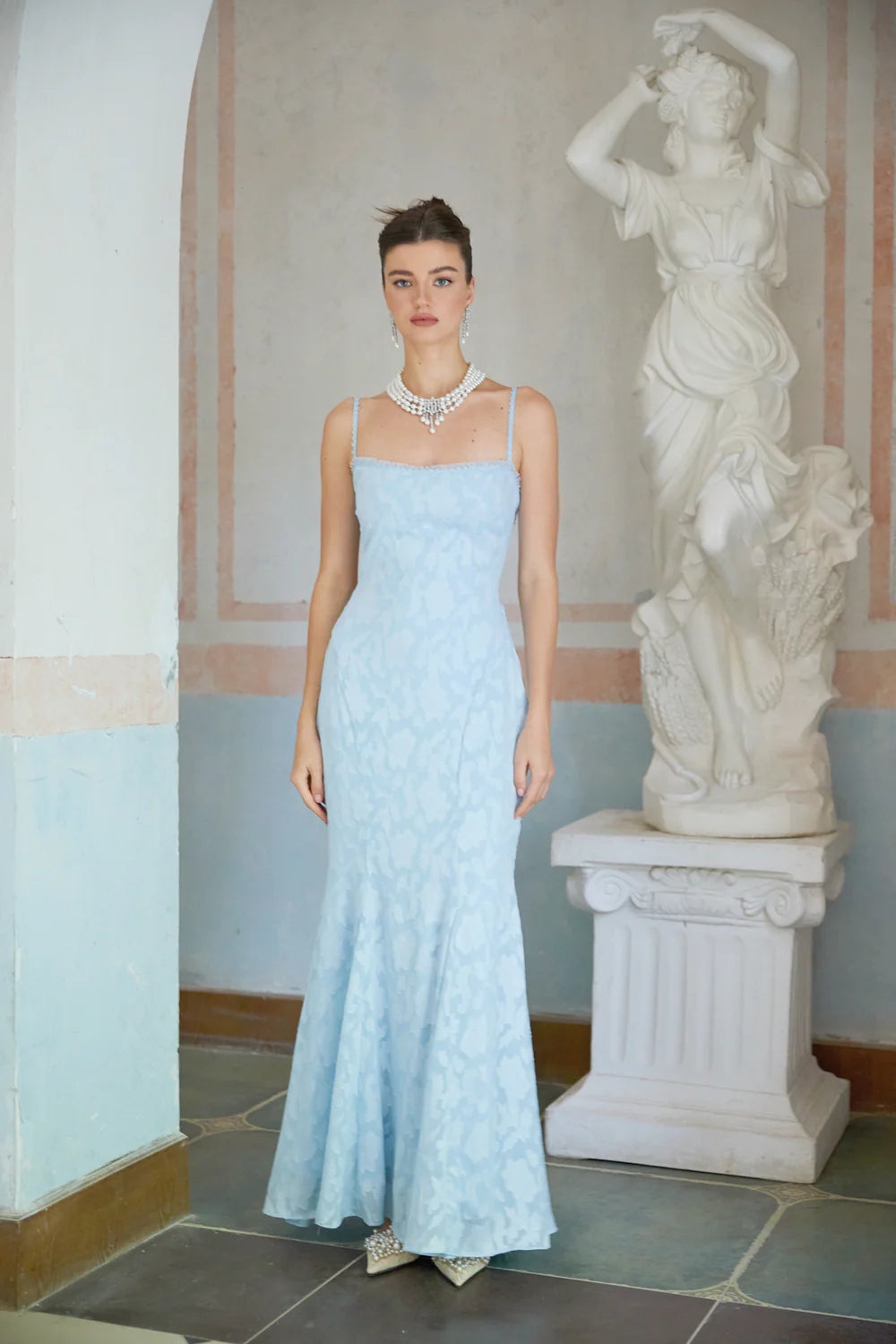 Anita Lace-up Jacquard Flared Maxi Dress