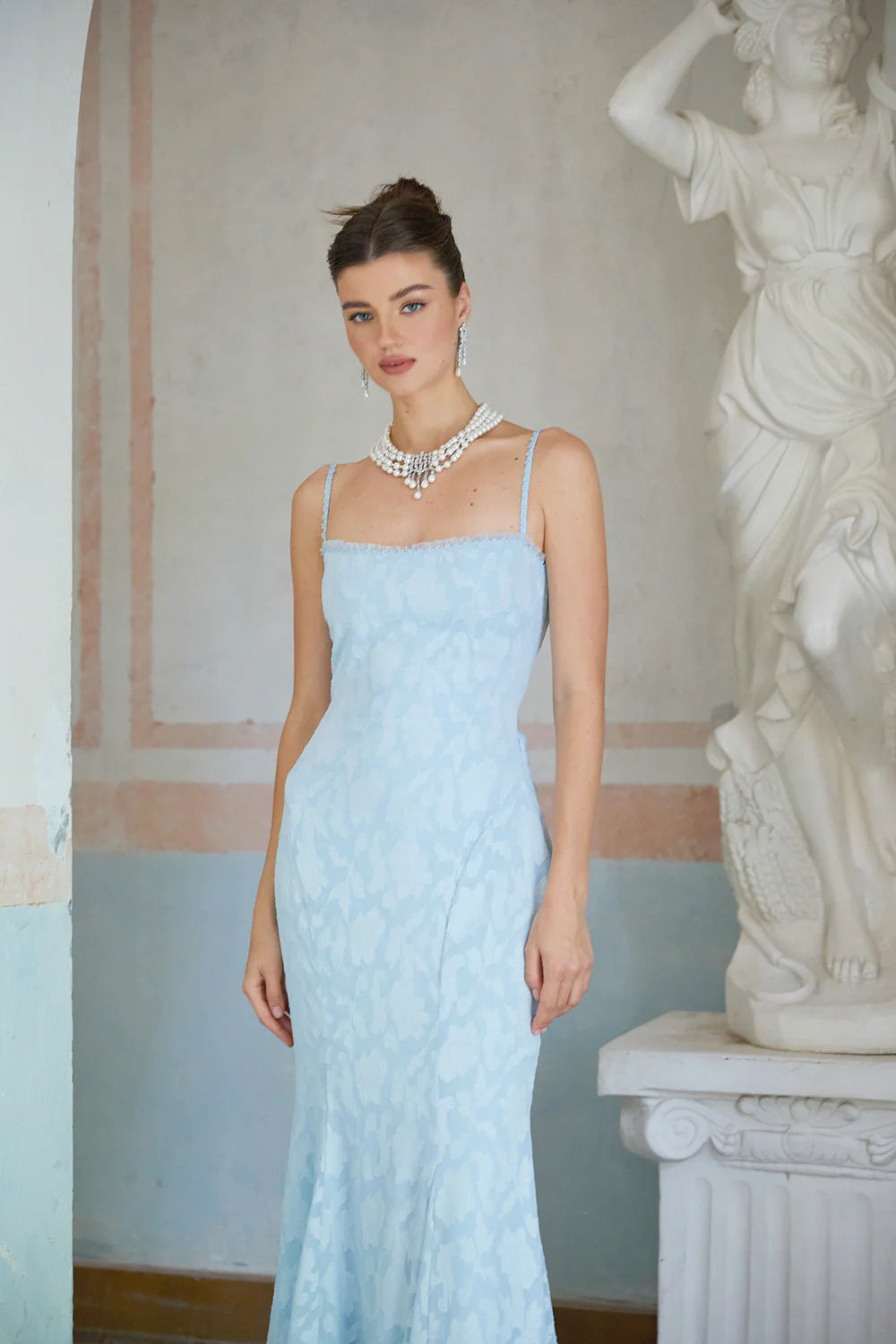 Anita Lace-up Jacquard Flared Maxi Dress