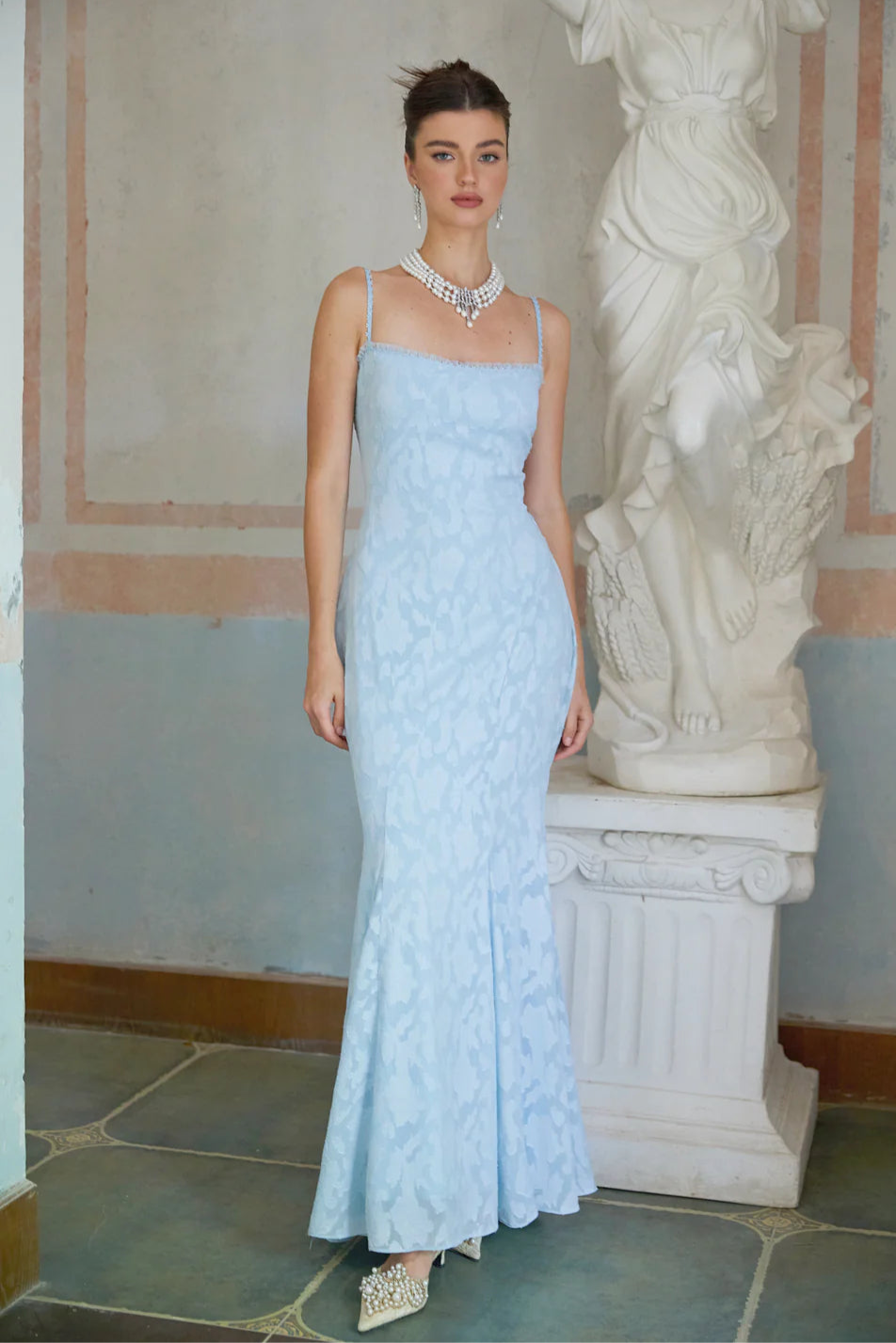 Anita Lace-up Jacquard Flared Maxi Dress