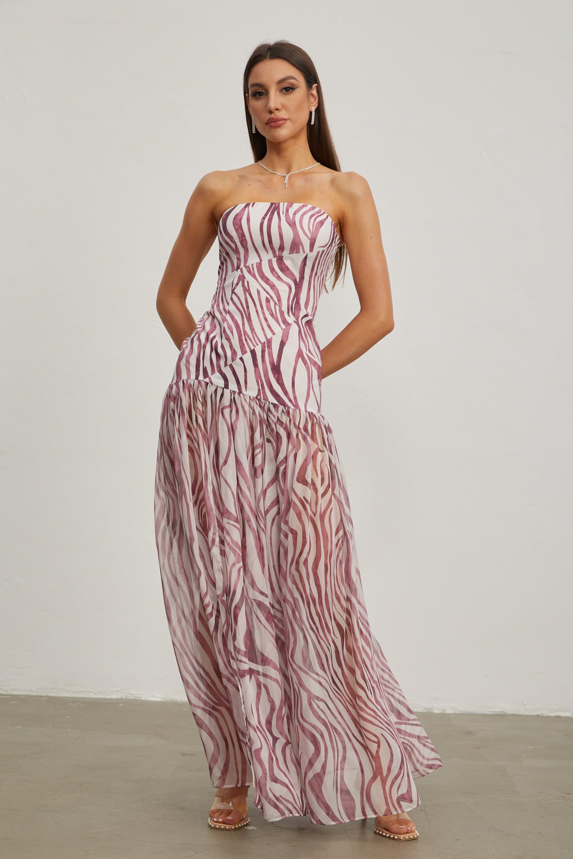 Giselle Rose Zebra Print Strapless Maxi Dress