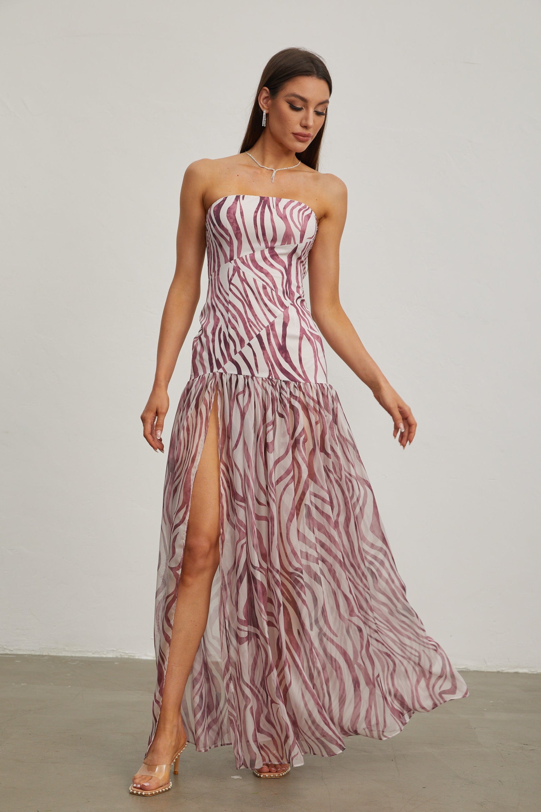 Giselle Rose Zebra Print Strapless Maxi Dress