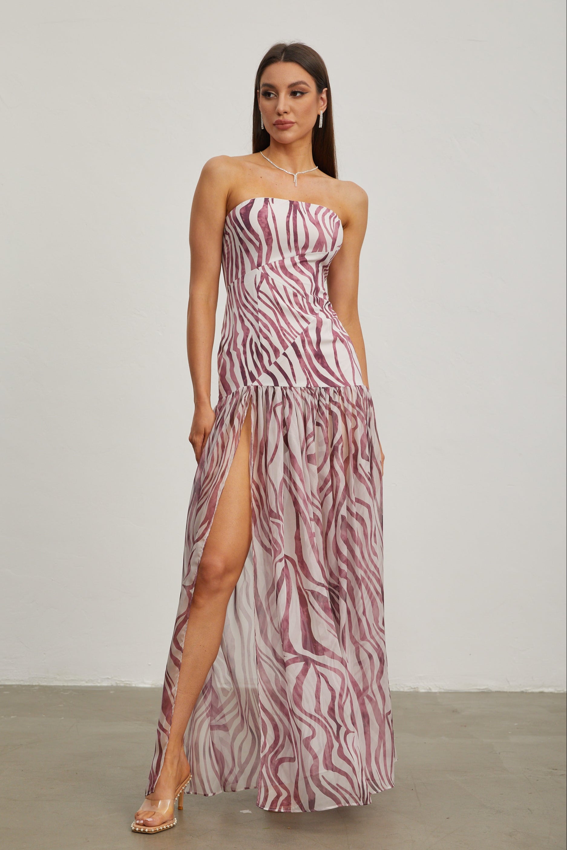 Giselle Rose Zebra Print Strapless Maxi Dress
