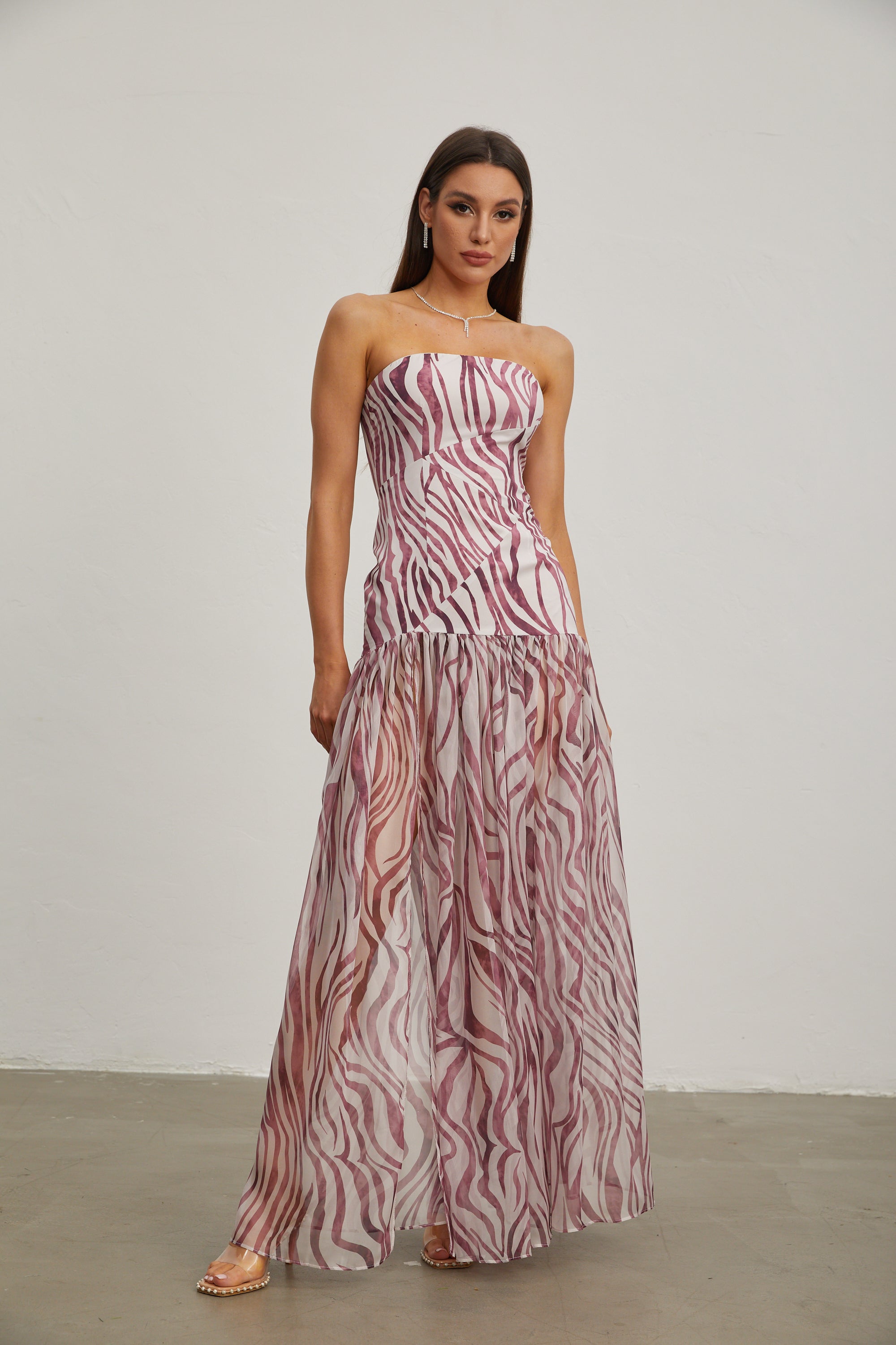 Giselle Rose Zebra Print Strapless Maxi Dress
