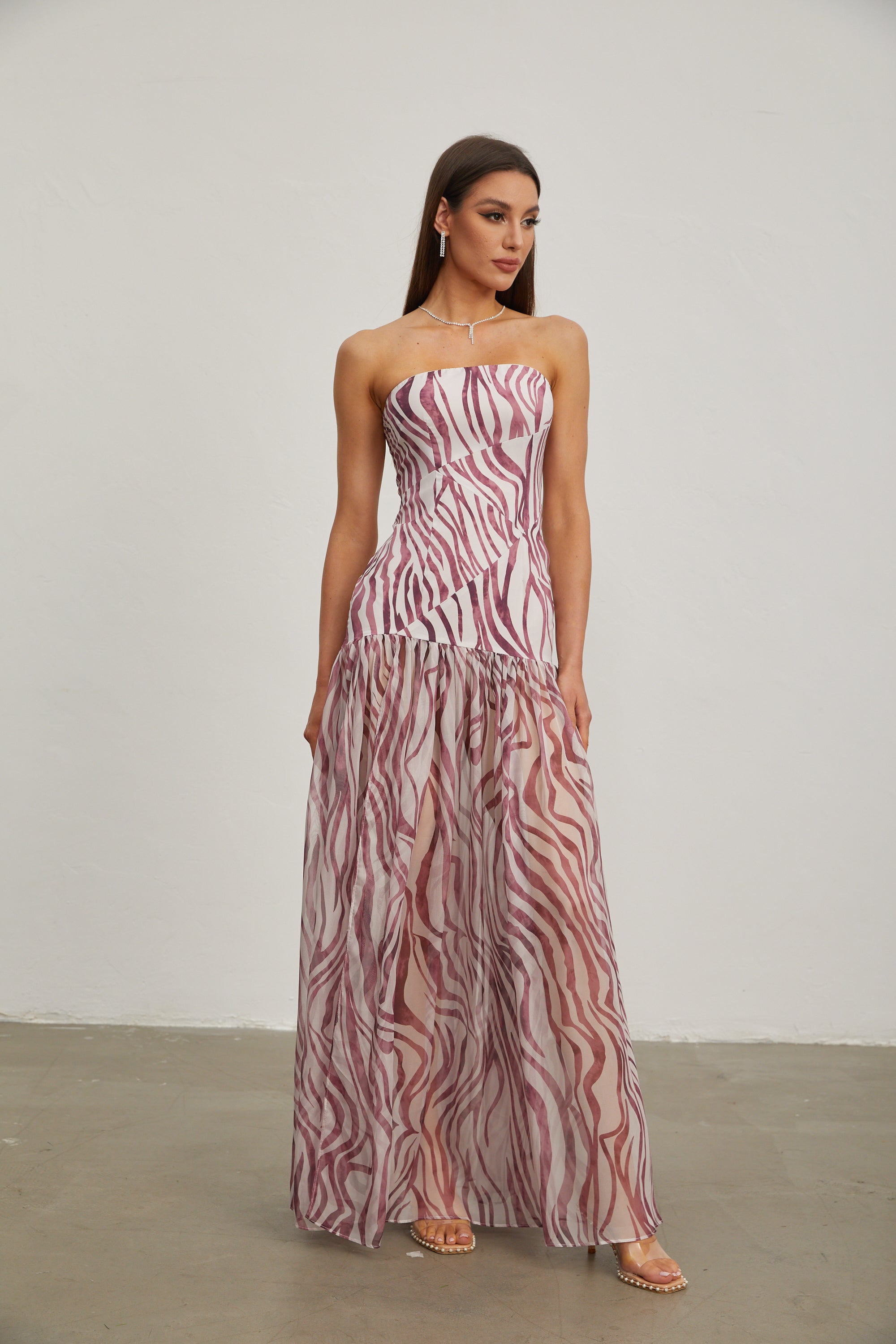 Giselle Rose Zebra Print Strapless Maxi Dress