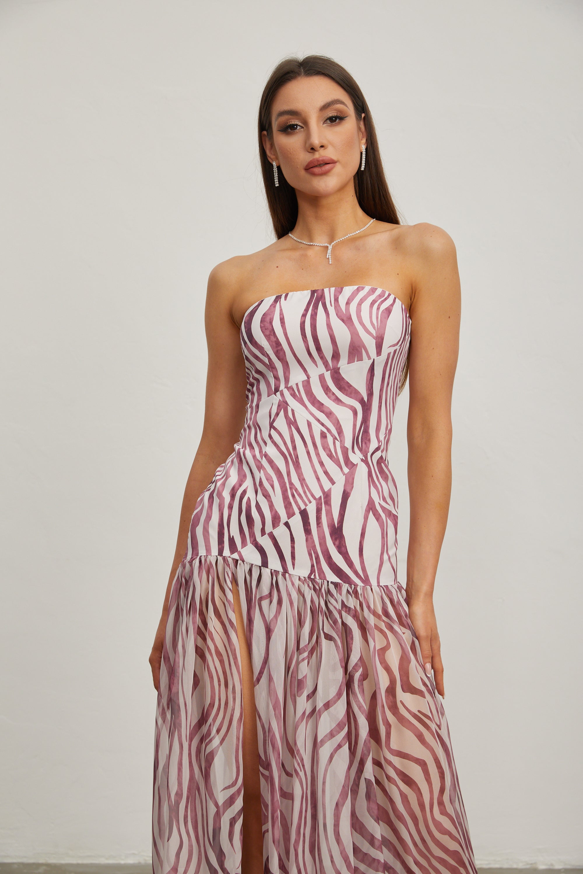 Giselle Rose Zebra Print Strapless Maxi Dress