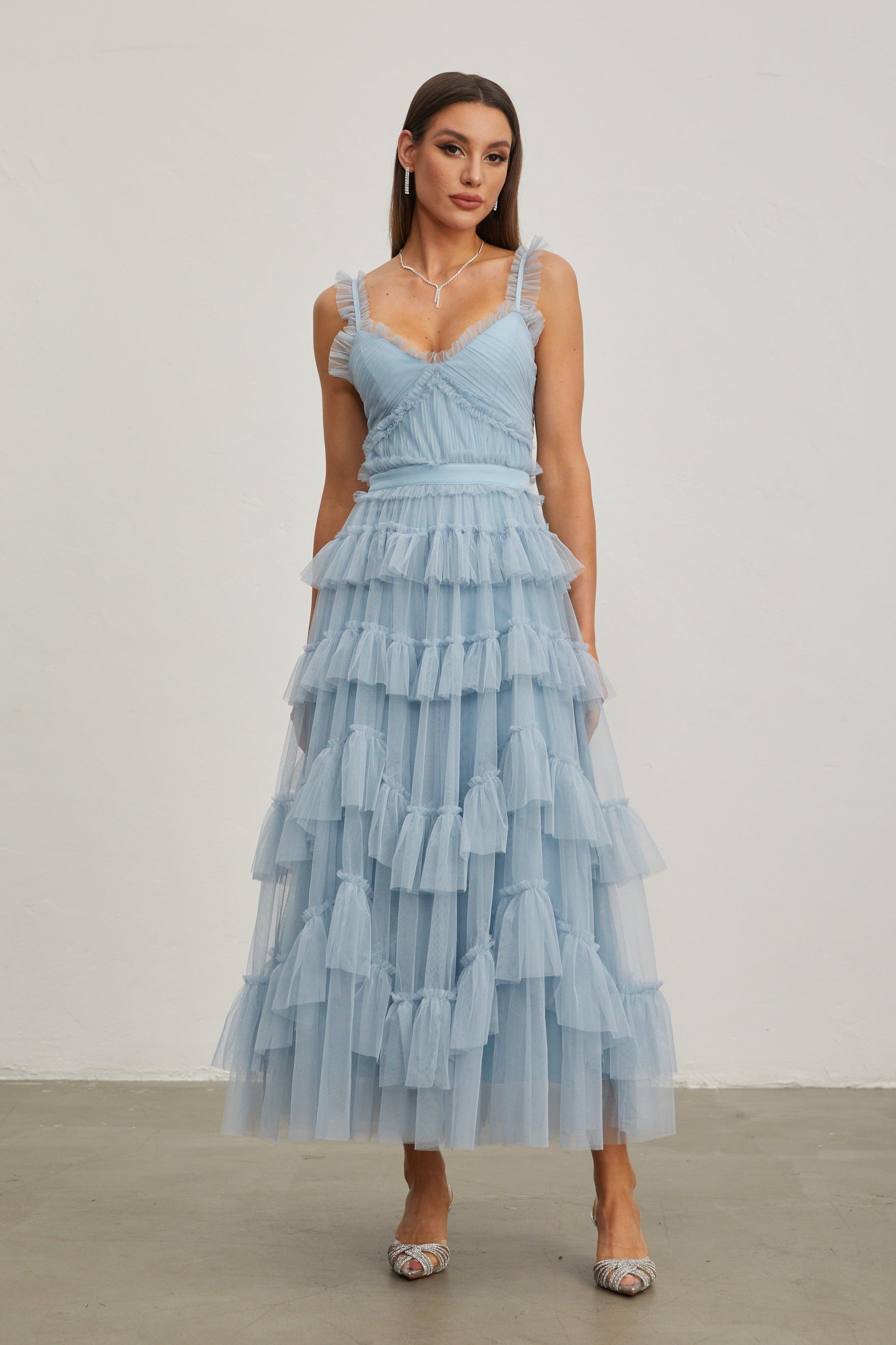 Norène Azure Ruffled Tulle Maxi Dress