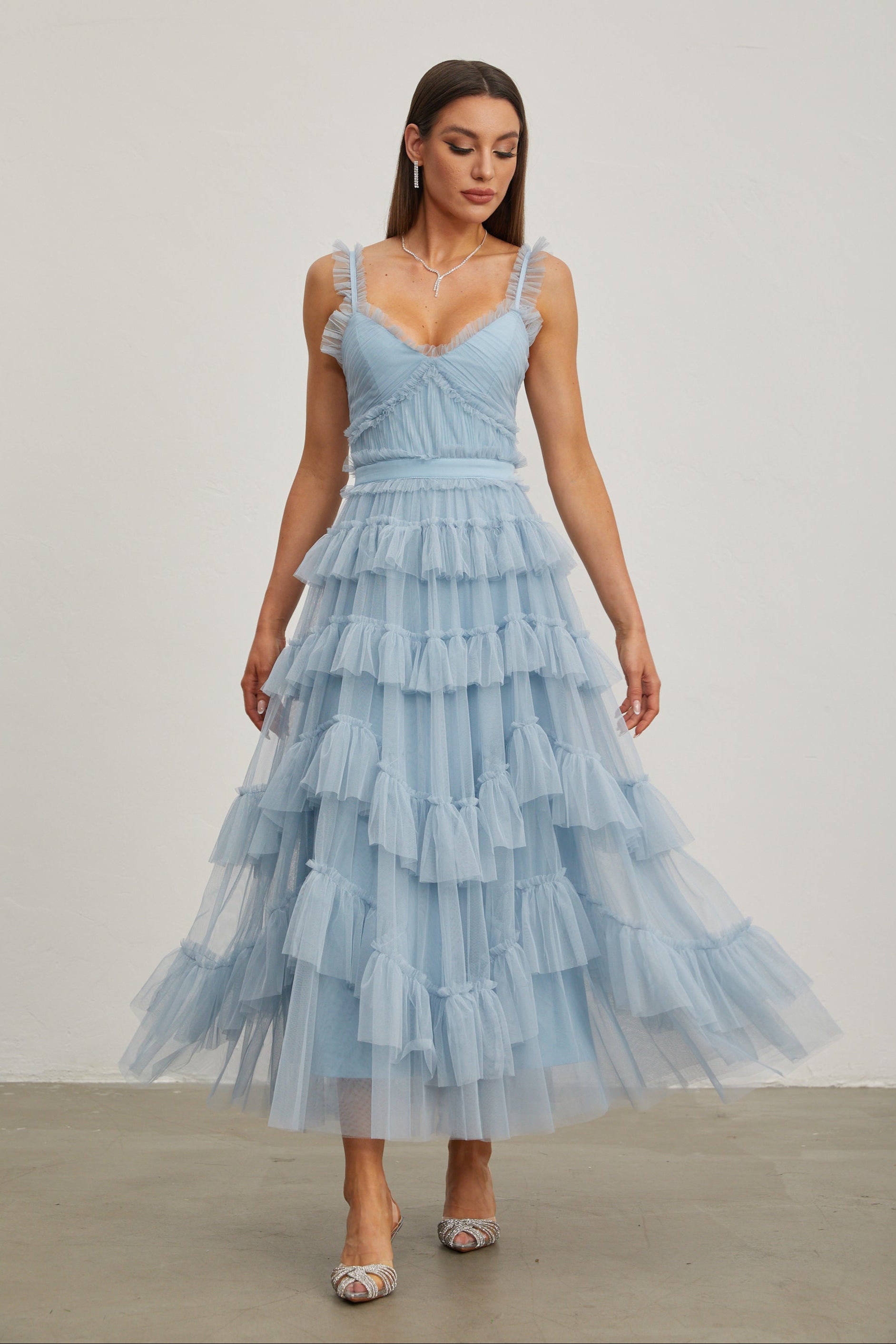 Norène Azure Ruffled Tulle Maxi Dress