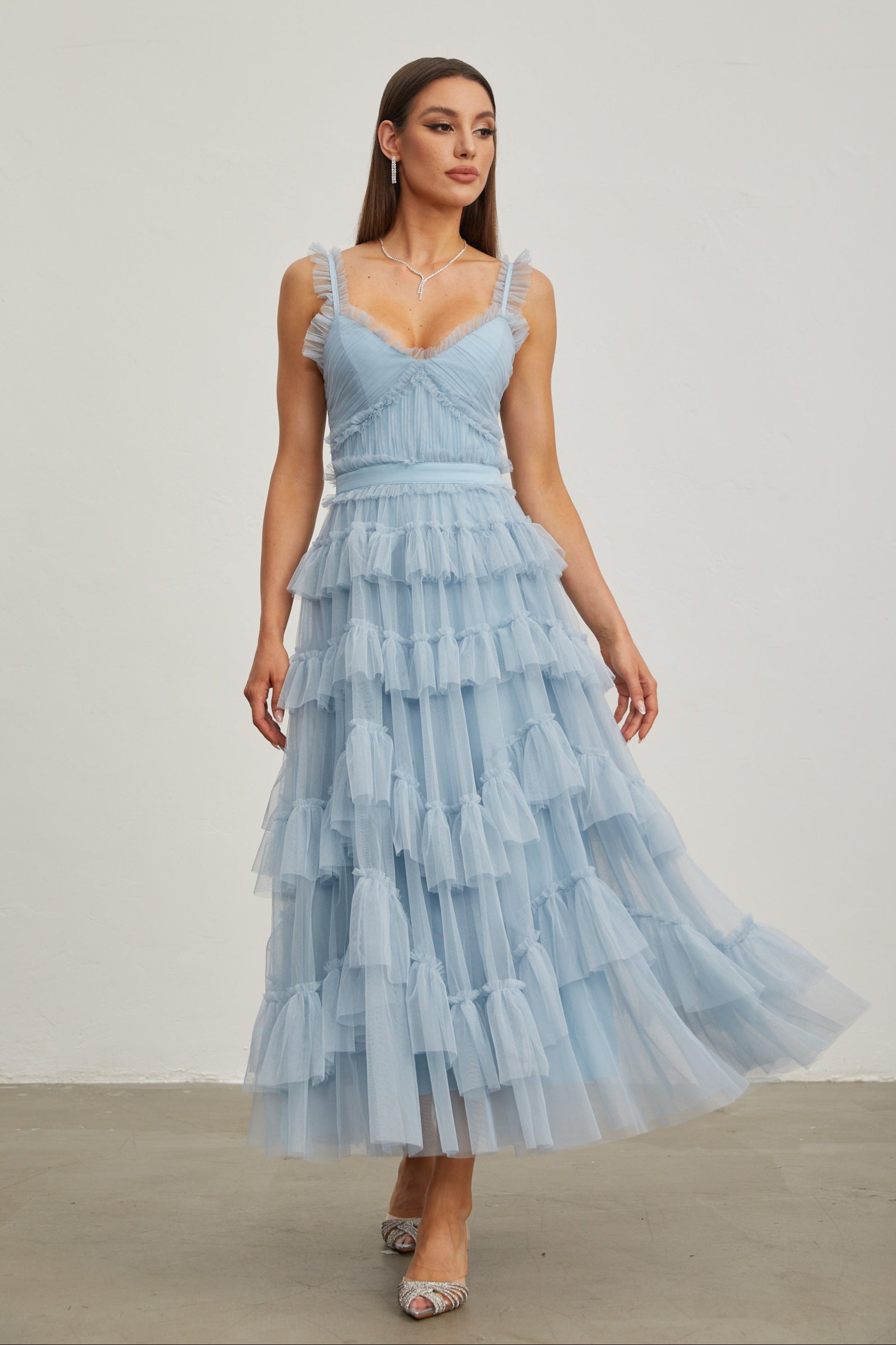 Norène Azure Ruffled Tulle Maxi Dress