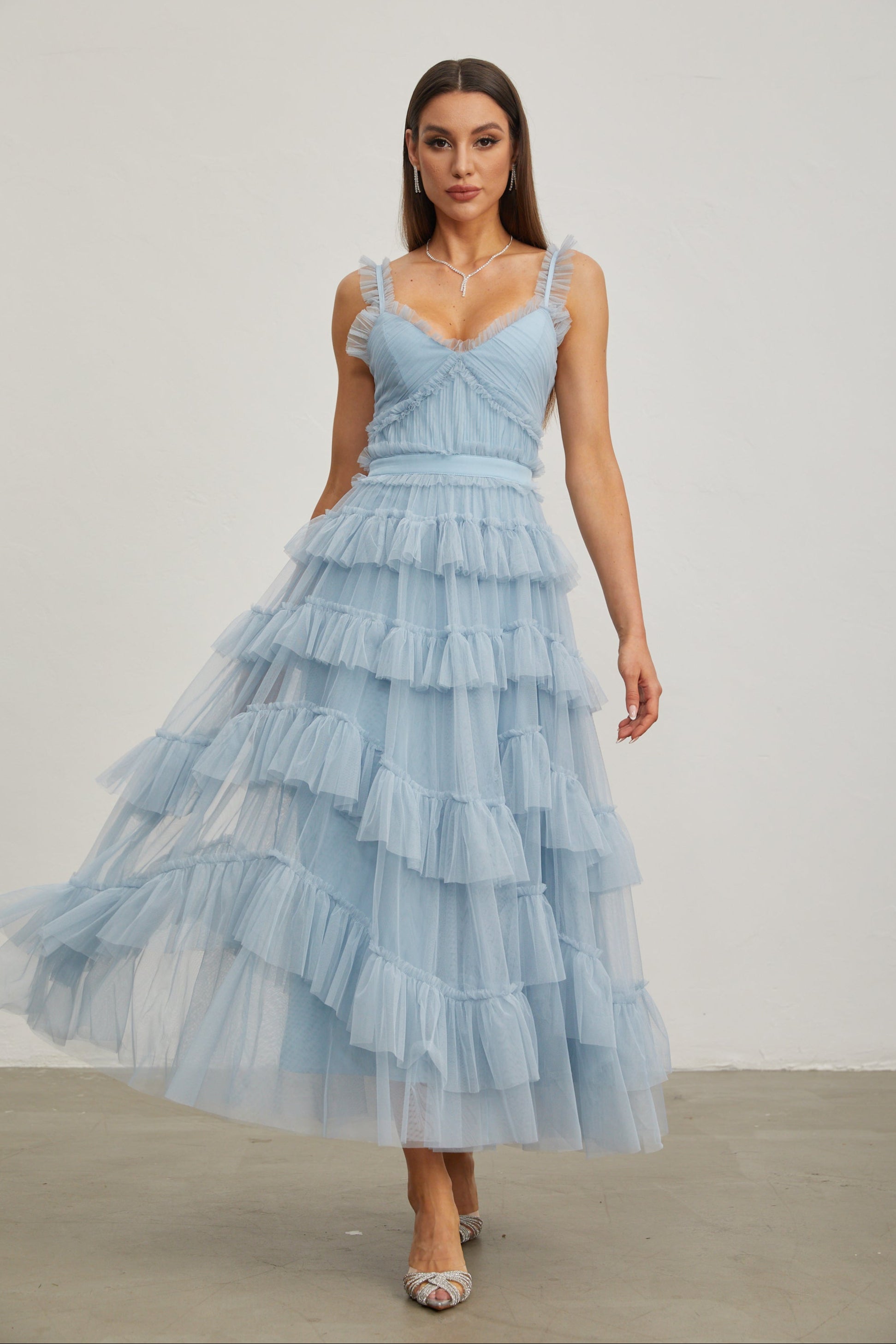 Norène Azure Ruffled Tulle Maxi Dress