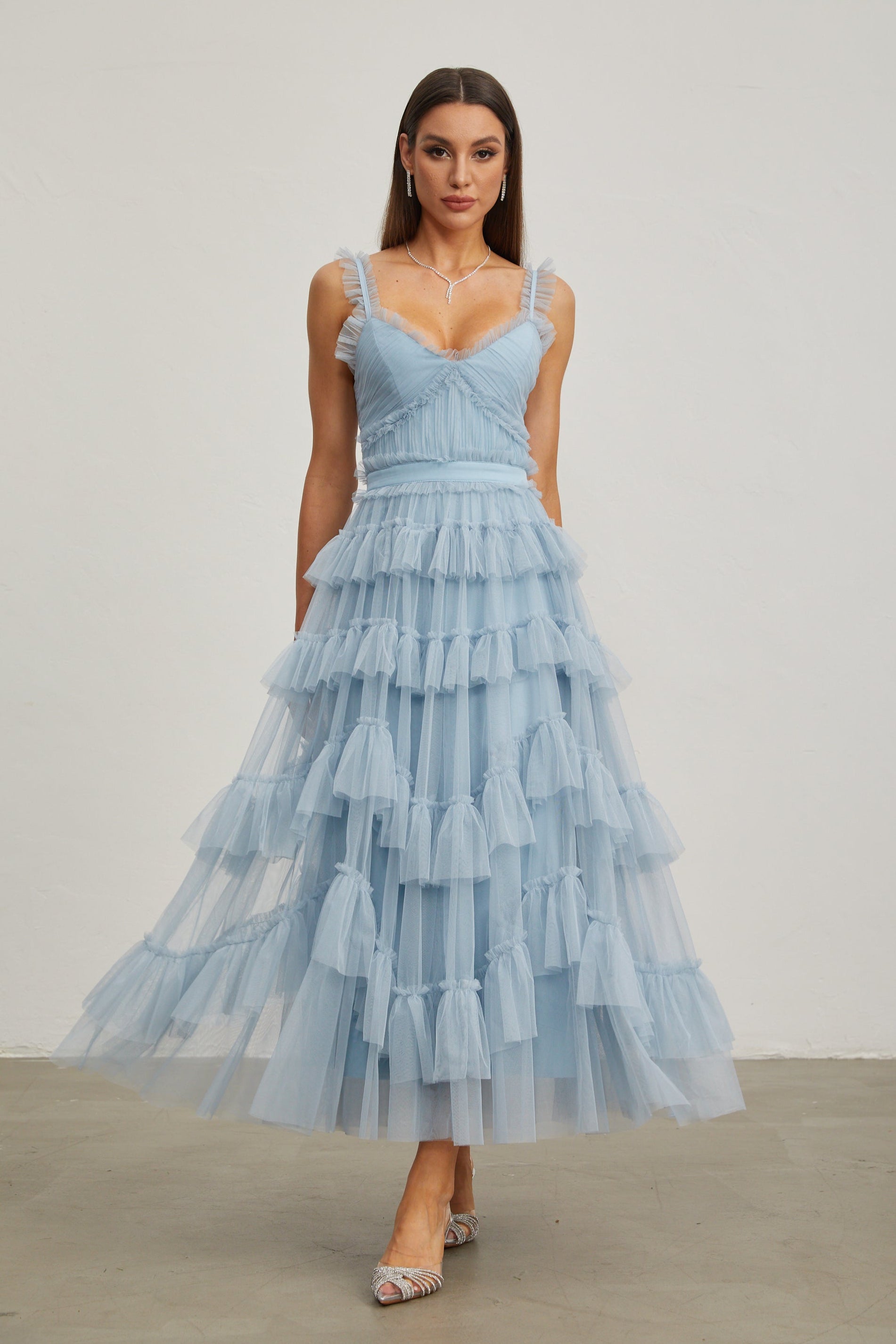 Norène Azure Ruffled Tulle Maxi Dress