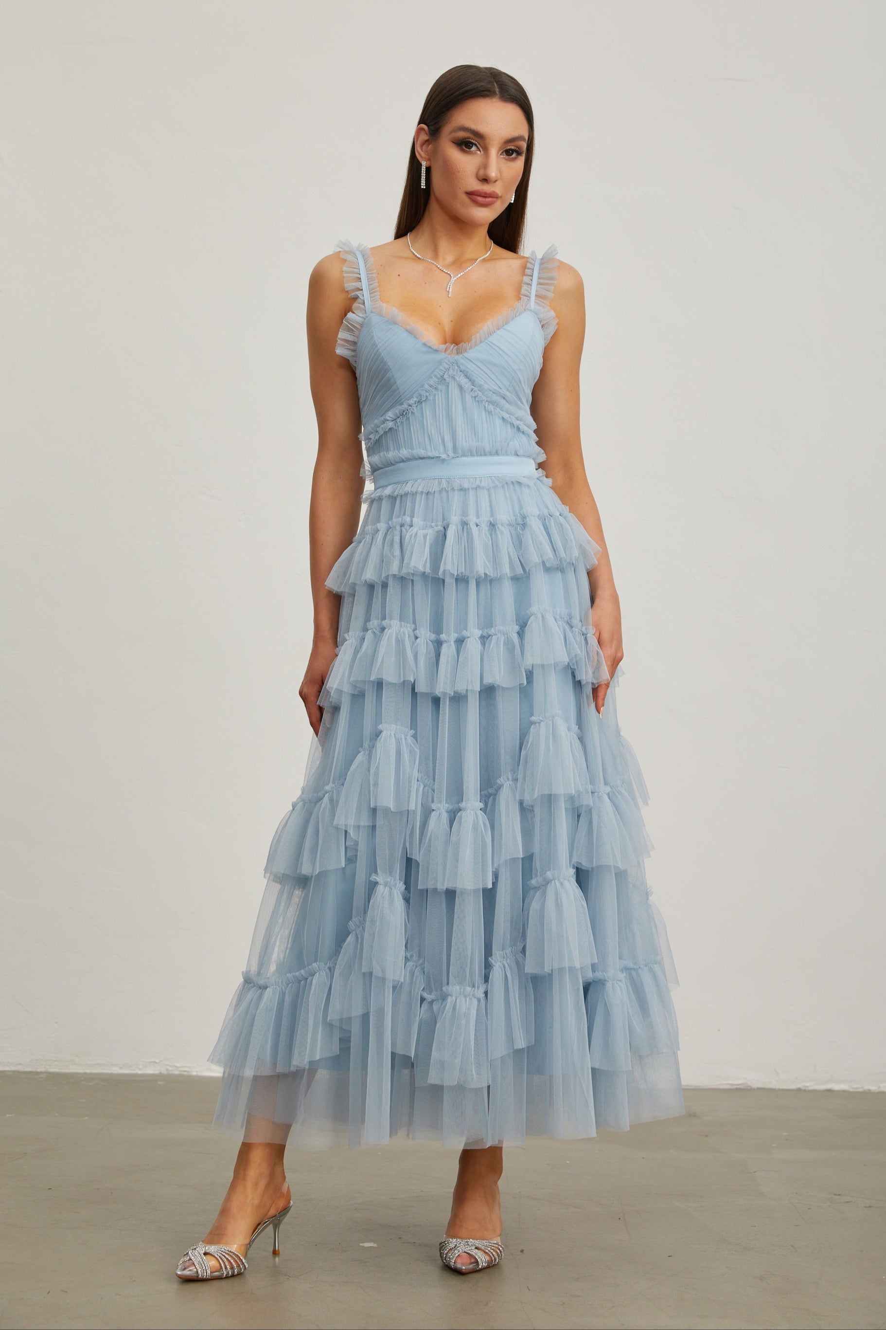 Norène Azure Ruffled Tulle Maxi Dress