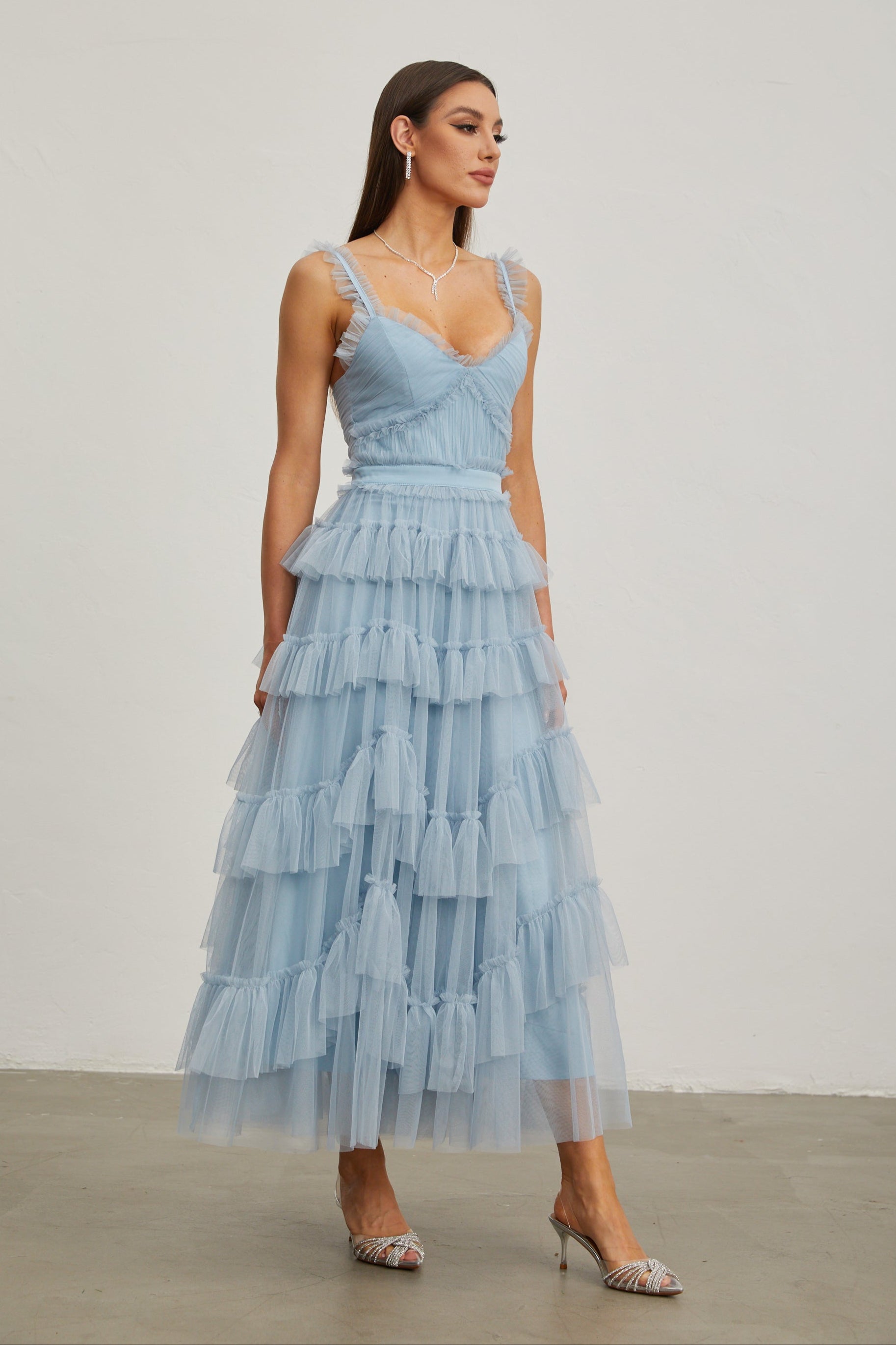 Norène Azure Ruffled Tulle Maxi Dress