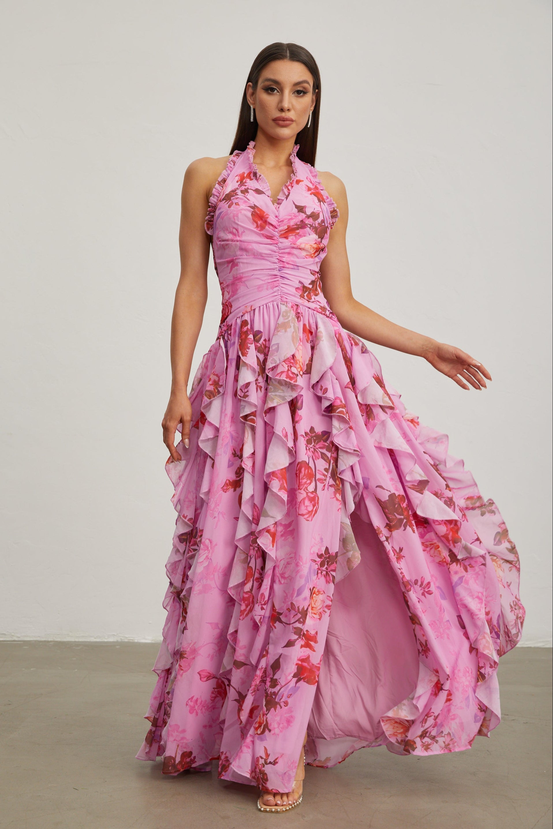 Eulalie Pink Petal Ruffled Halter Maxi Dress